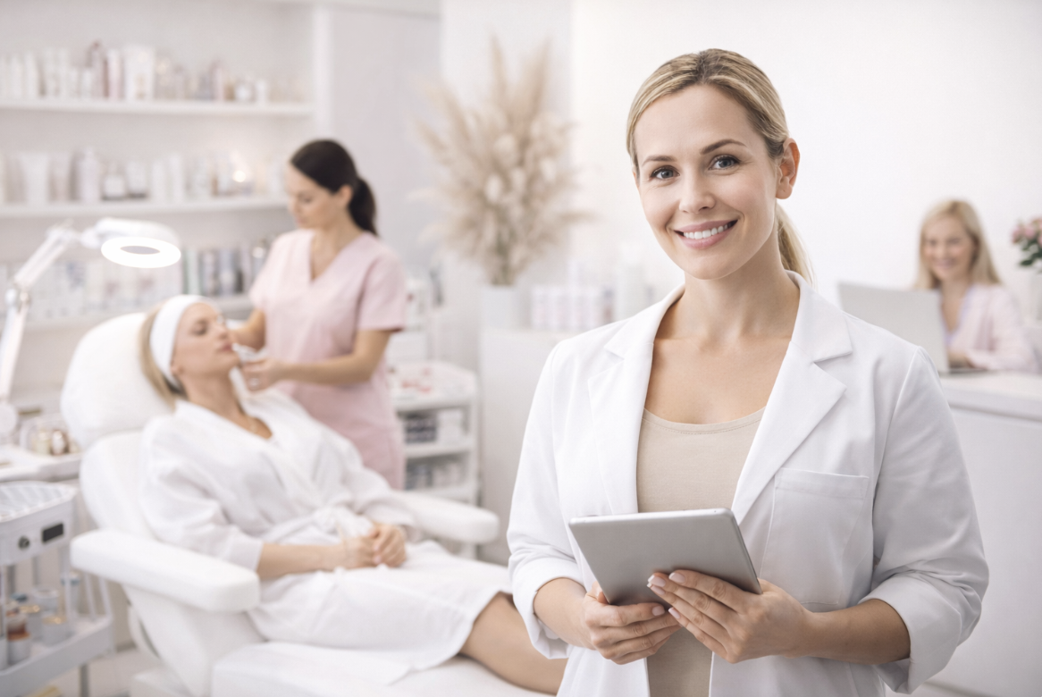 Klinikpersonale smiler, mens en patient får behandling. Hvidklædt kvinde med tablet i klinikmiljø.