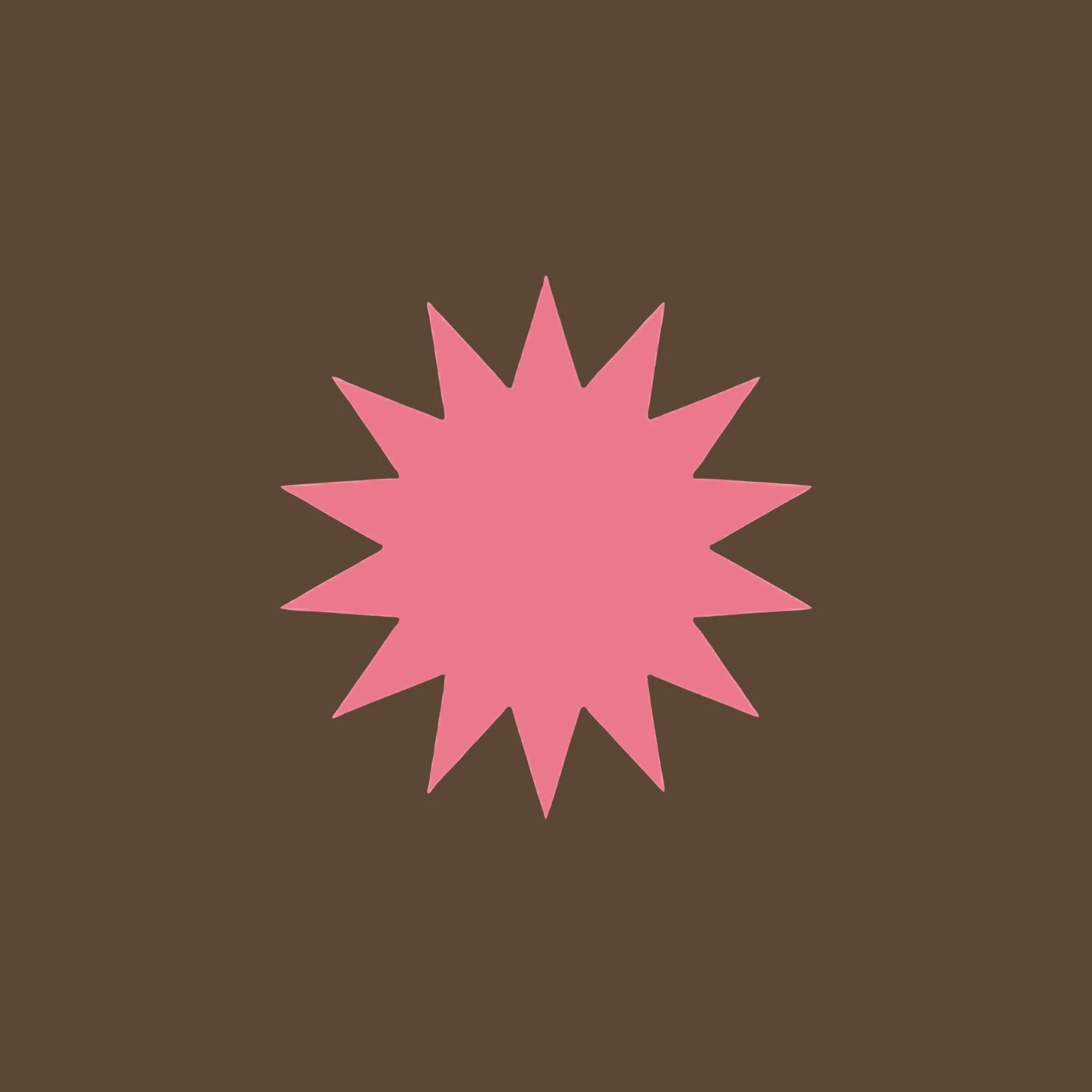 A pink starburst shape on a brown background.