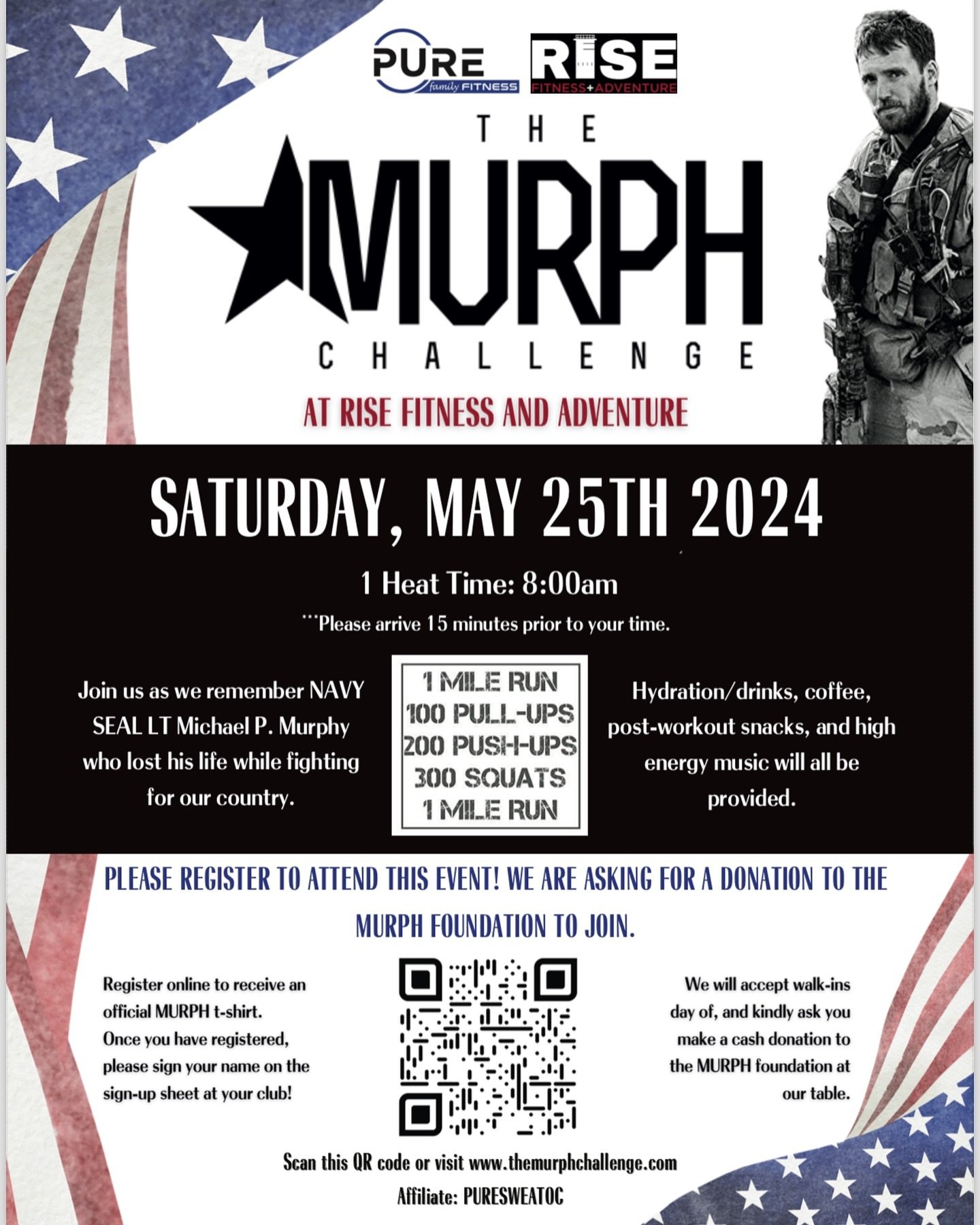 Join us for our first official 🇺🇸 MEMORIAL DAY MURPH 🇺🇸

📍 RISE &mdash; on the turf, May 25th, 2024

❓ What&rsquo;s the MURPH Challenge❓
The MURPH Challenge is a workout dedicated to Navy SEAL Lt. Michael Murphy, who was killed in action while s