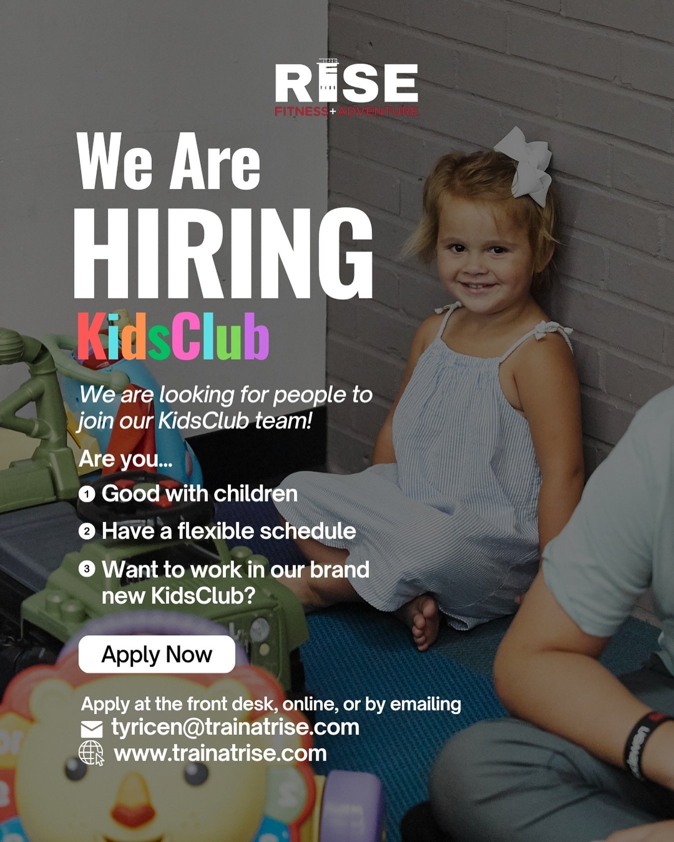 🖍️ We are HIRING KidsClub employees! 🧸

Are you looking for a flexible position, working with superstar kids in a brand new KidsClub, all while staying in the top gym environment in the state? 

⭐️ Join our KidsClub team! ⭐️

We offer flexible sche
