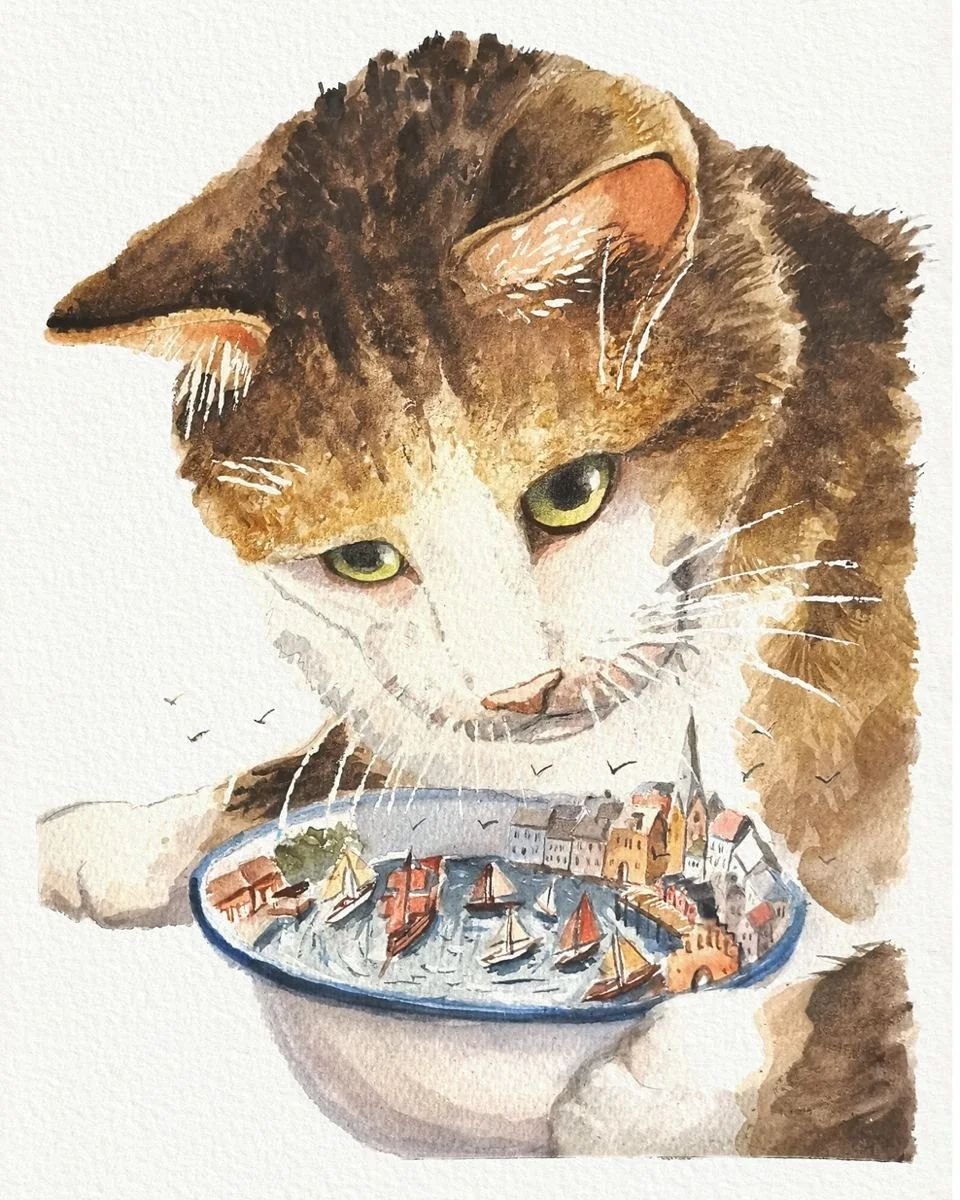 &quot;Voil&agrave;! 🎨 Diese Katze hat den perfekten Aussichtspunkt gew&auml;hlt, um die Segelschiffe bei der Rumregatta in Flensburg zu bewundern! 🌟⛵️

 #artreveal #rumregatta #paperycats #katzenkunst #illustration #watercolor #aquarelle #painting 