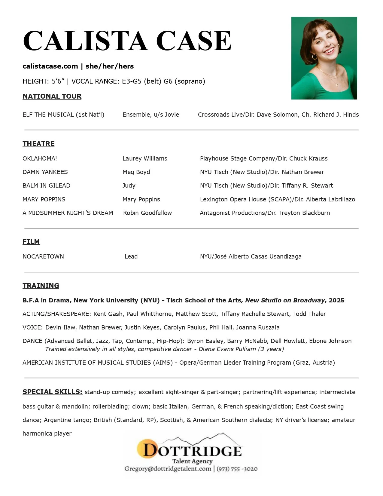 A performer resume for Calista Case, a mezzo-soprano, featuring her photo, contact information, performance experience, education, skills, and a logo at the bottom for Dottridge Talent Agency.