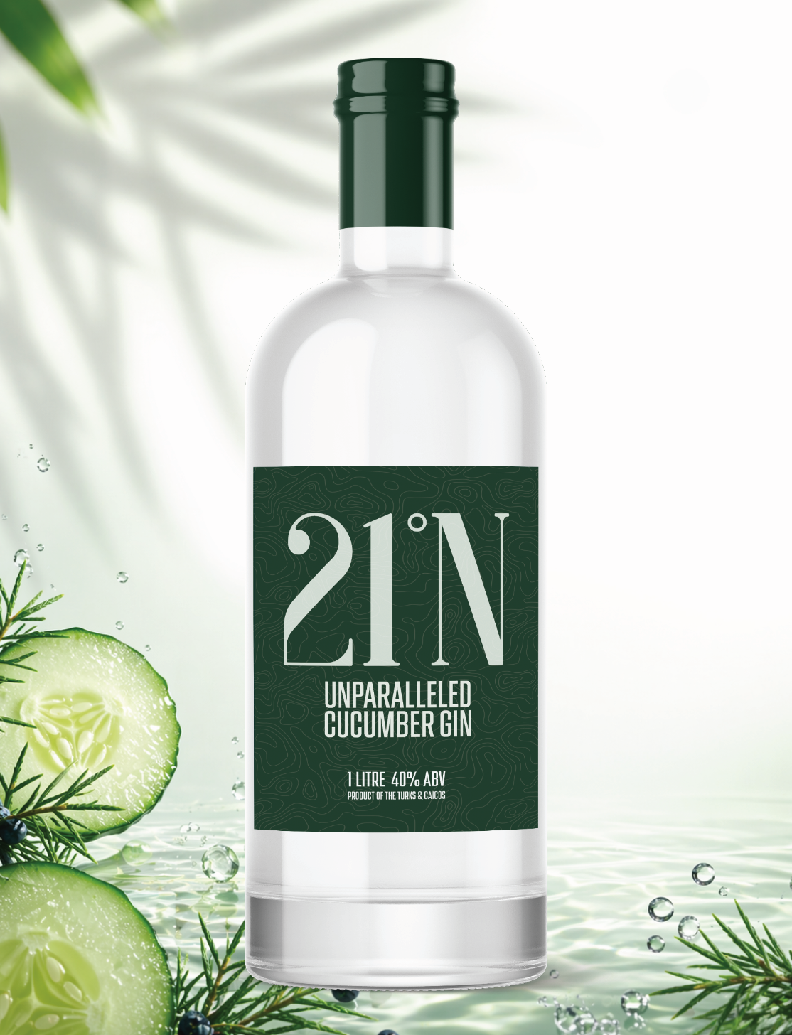 Bottle of 21°N Unparalleled Cucumber Gin with a black label and green cap, set against a background of sliced cucumbers, herbs, and water droplets.