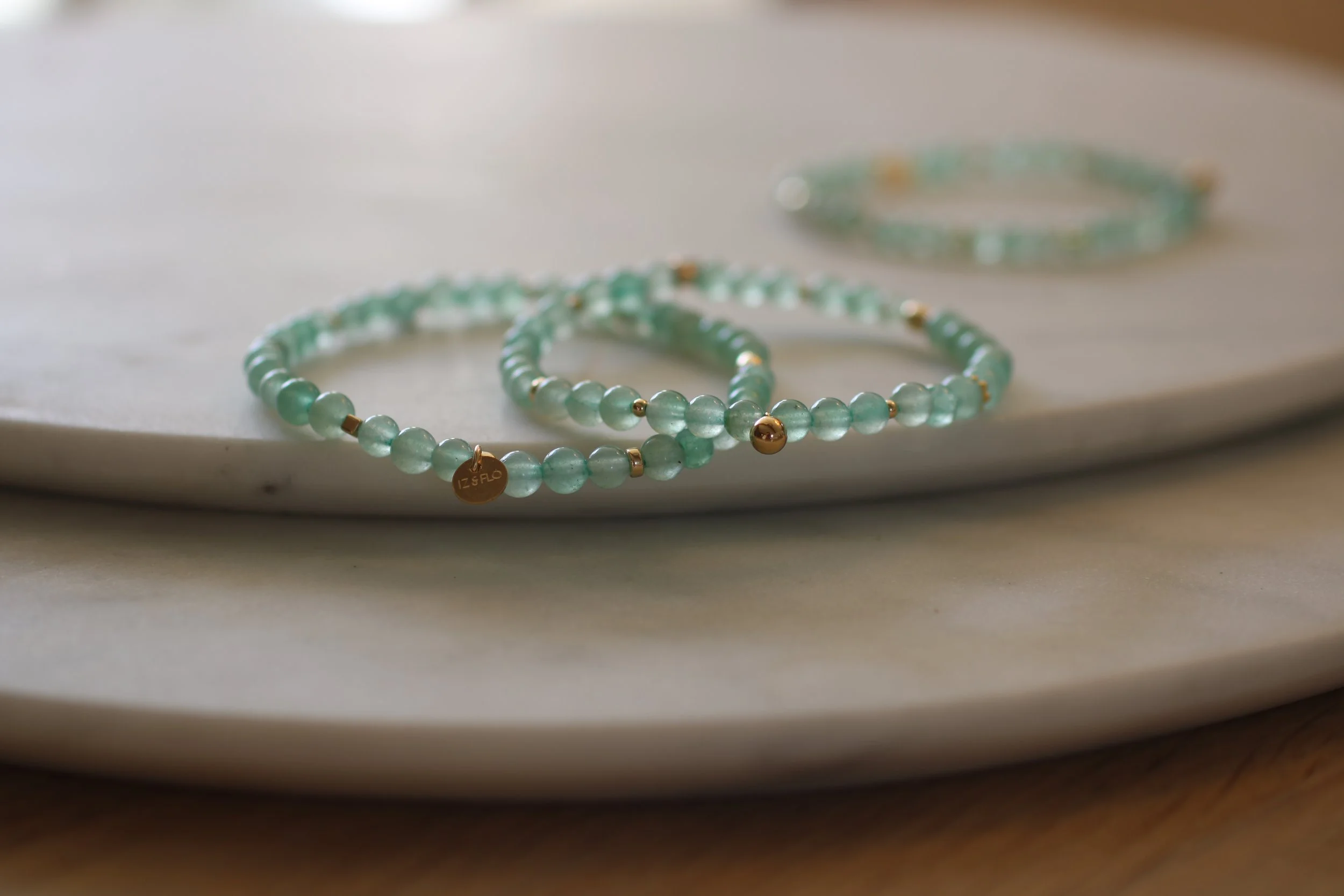 EXAM LUCK GREEN AVENTURINE AND GOLD FILLED STRETCH BRACELET