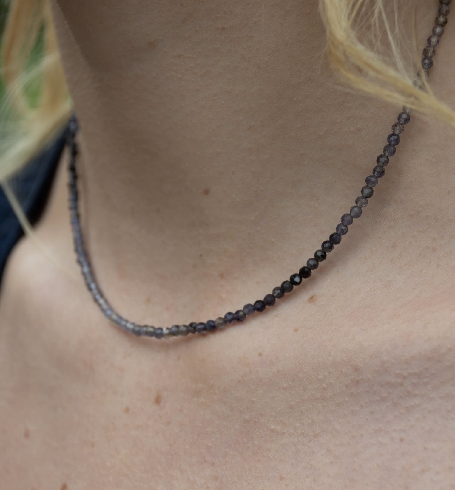 Phoebe Lolite Faceted Beaded Necklace Neck Front.jpg