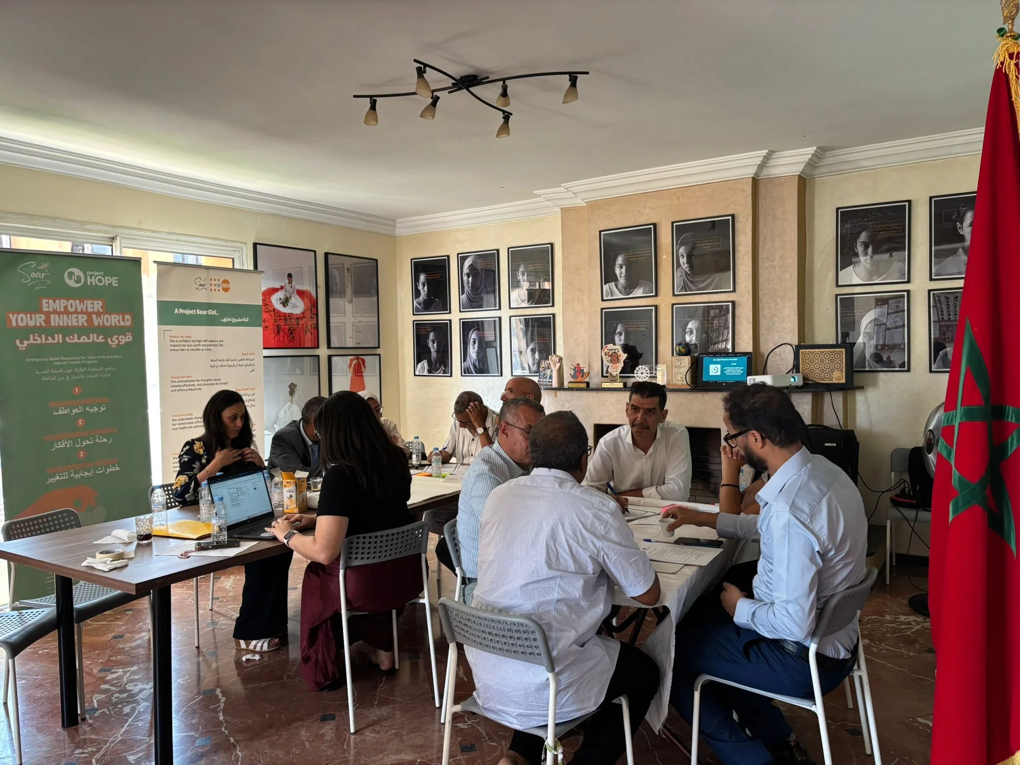 Co-creation meeting at Project Soar headquarters with representatives from AREF and school directors, focused on shaping school-based approaches to girls’ protection and education.