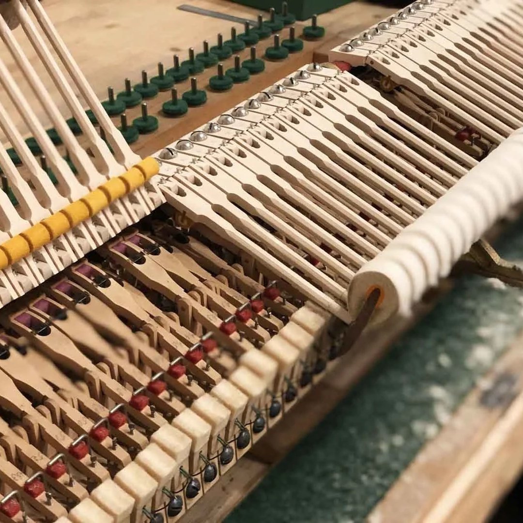 Innenansicht eines Klaviers mit sichtbaren Mechanik-Teilen, Stimmstiften und Hämmerchen.