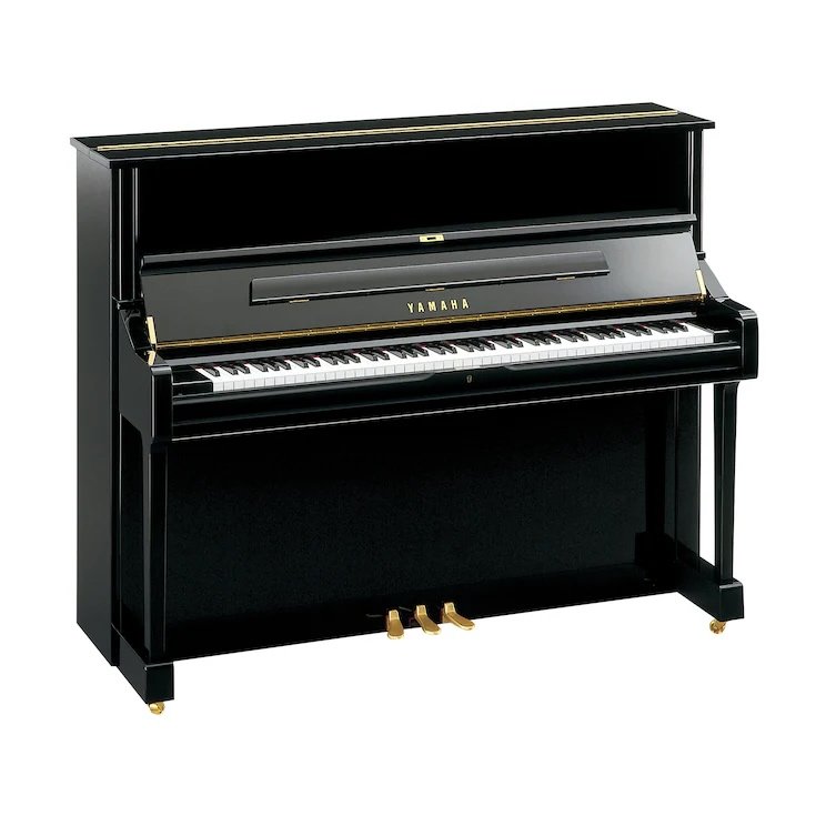 Ein schwarzes Klavier mit Goldakzenten und weißen und schwarzen Tasten.
