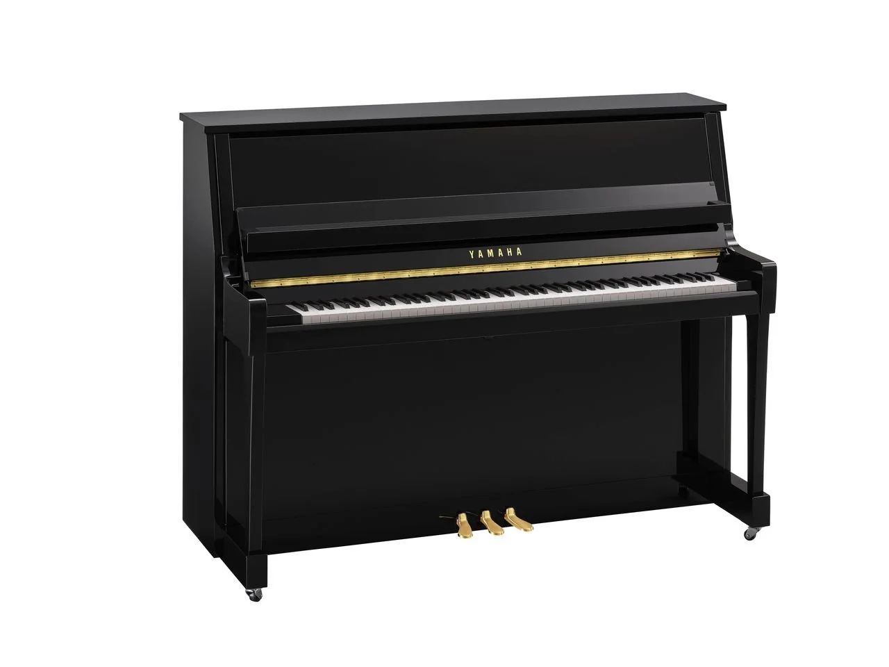 Schwarzer Yamaha Digitalpiano mit schwarzen und weißen Tasten, goldenen Pedalen und geschlossenem Klavierdeckel.