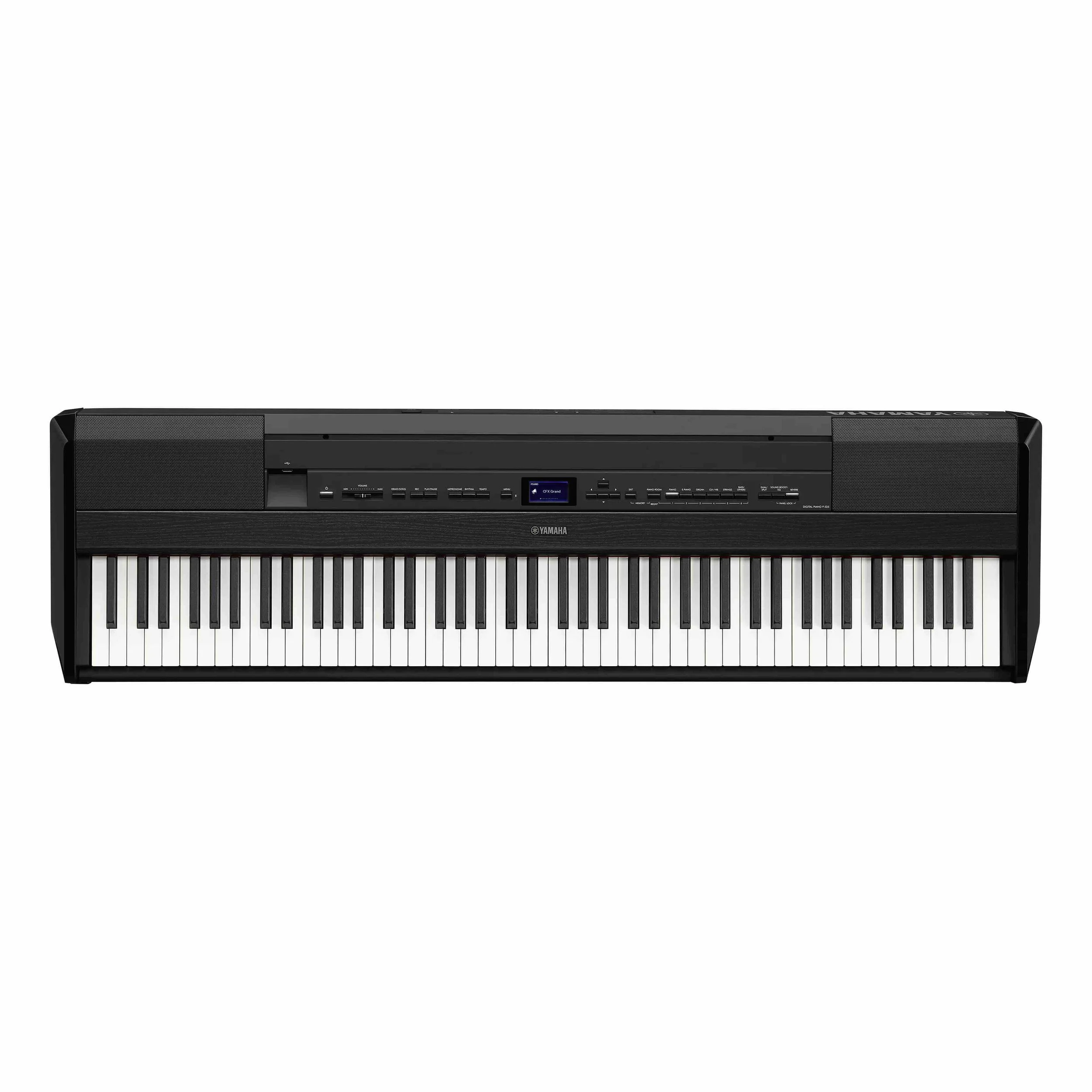 Ein schwarzes Yamaha Digital-Piano mit blauer Anzeige auf dem Bildschirm, auf einem weißen Hintergrund.