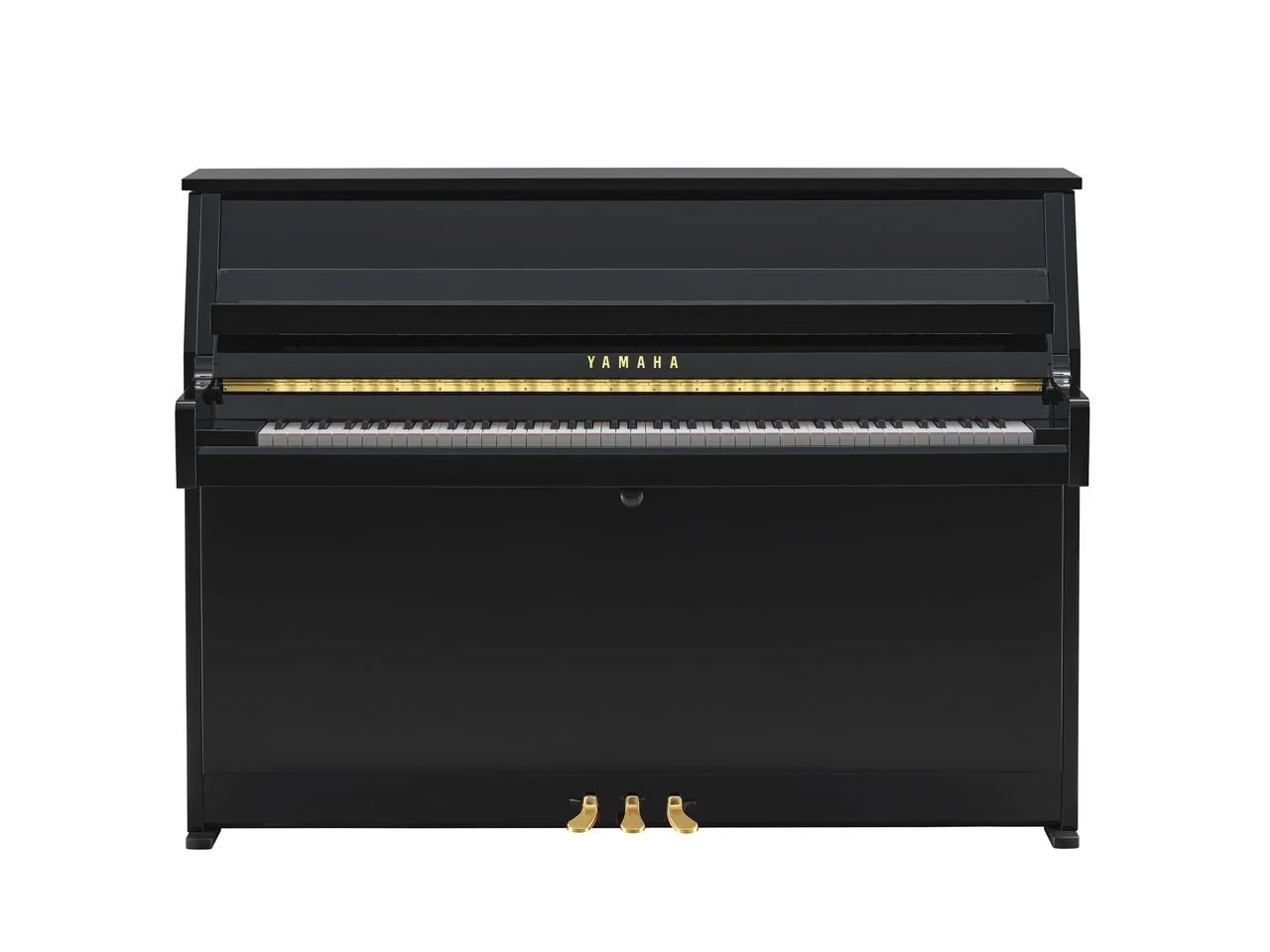 Ein schwarzer Yamaha E-Piano mit goldenen Pedalen und Tastatur