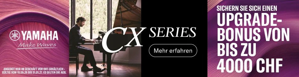 Yamaha-CX-Series-Werbebanner mit einem Upgrade-Bonus von bis zu 4000 CHF.