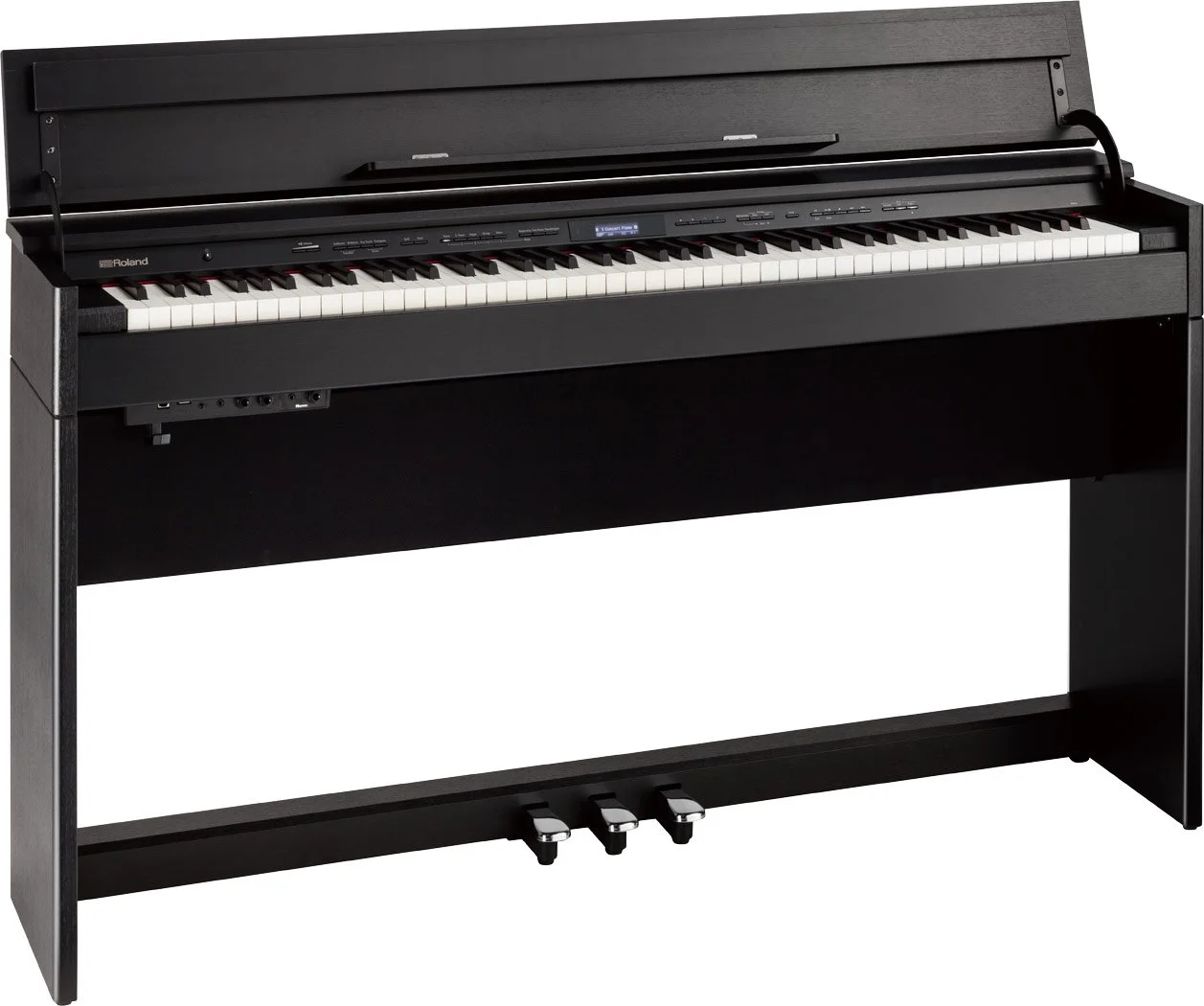 Digitales Klavier in Schwarz mit 88 Tasten und Pedalen.