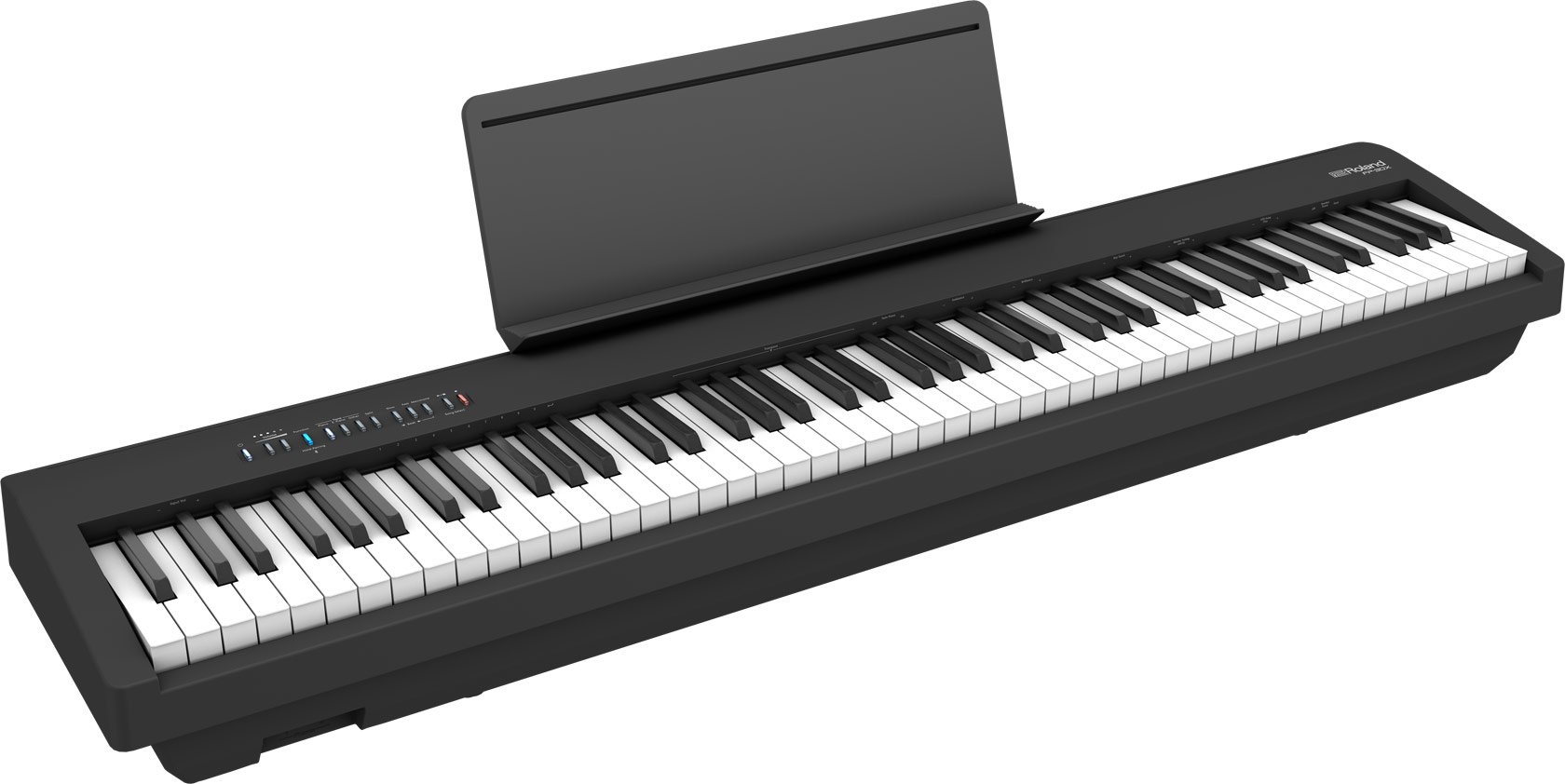 Digitales Klavier mit schwarzem Gehäuse, weißen und schwarzen Tasten, und einem abstehenden Klappdeckel.