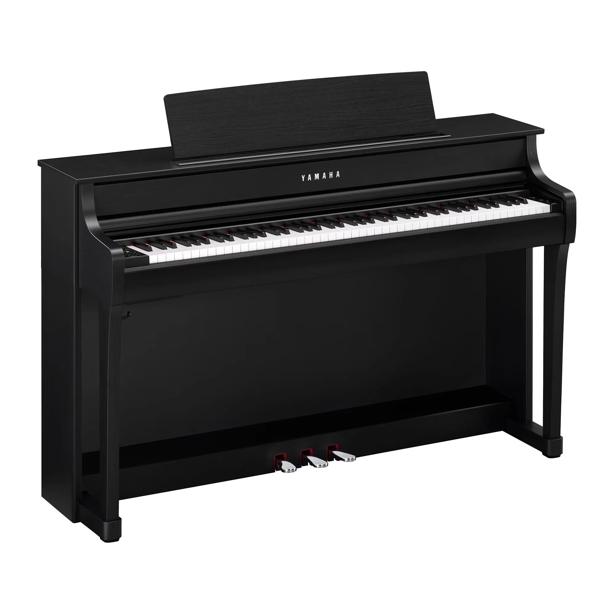 Ein schwarzer Digitalpiano mit weißen und schwarzen Tasten, Marke Yamaha, auf einem schwarzen Gehäuse.