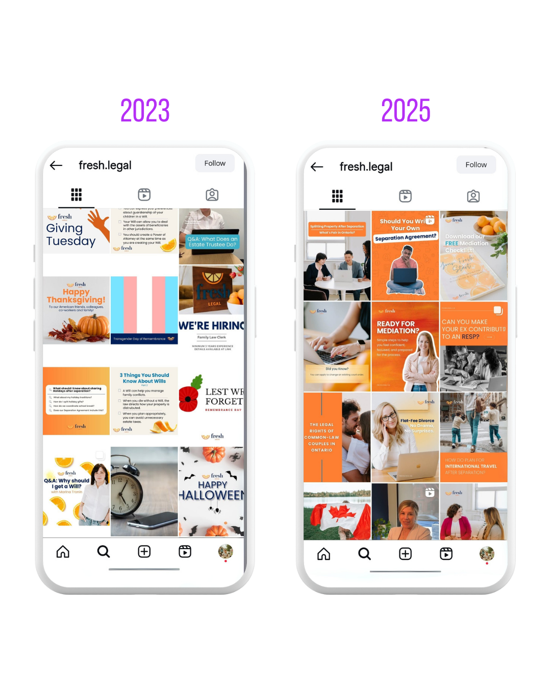 Screenshots of Instagram pages from the account 'fresh.legal,' featuring legal and family law content with advertisements, informational posts, and graphics, including themes like Thanksgiving, Halloween, separation property, estate trustees, and international travel legal advice.