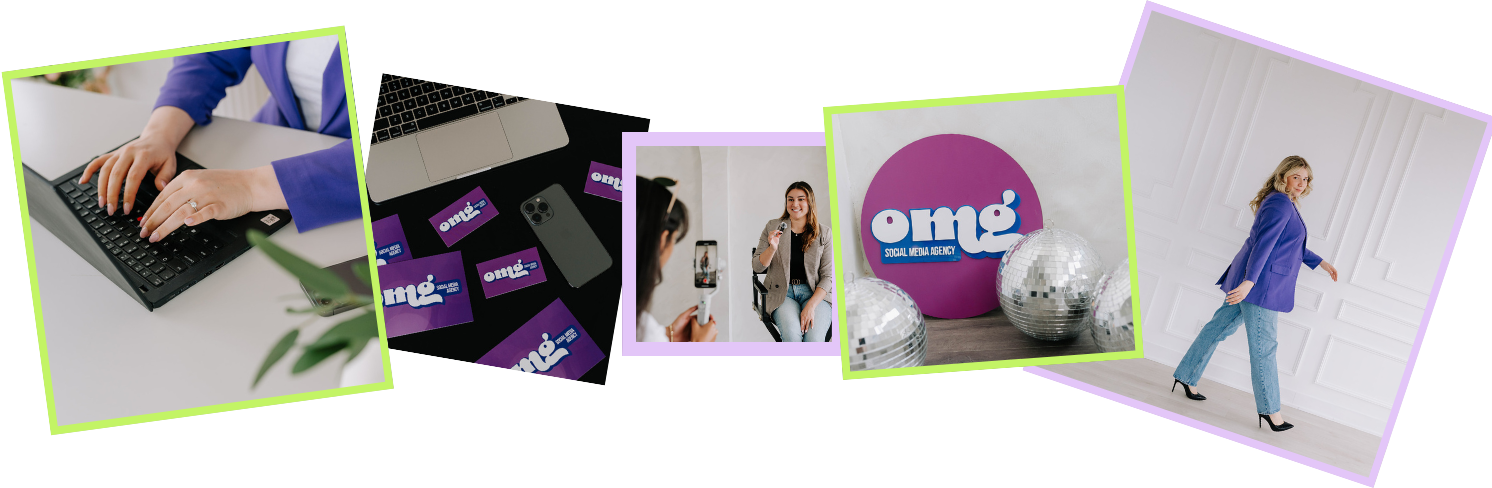 Collage of images showing a person typing on a laptop, branding materials with 'OMG' logo, a woman being interviewed, and a woman walking in front of a white wall with panels.