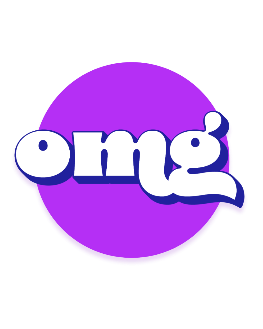 Colorful logo with the word 'OMG' in playful white letters with blue outline, set against a purple circle background.