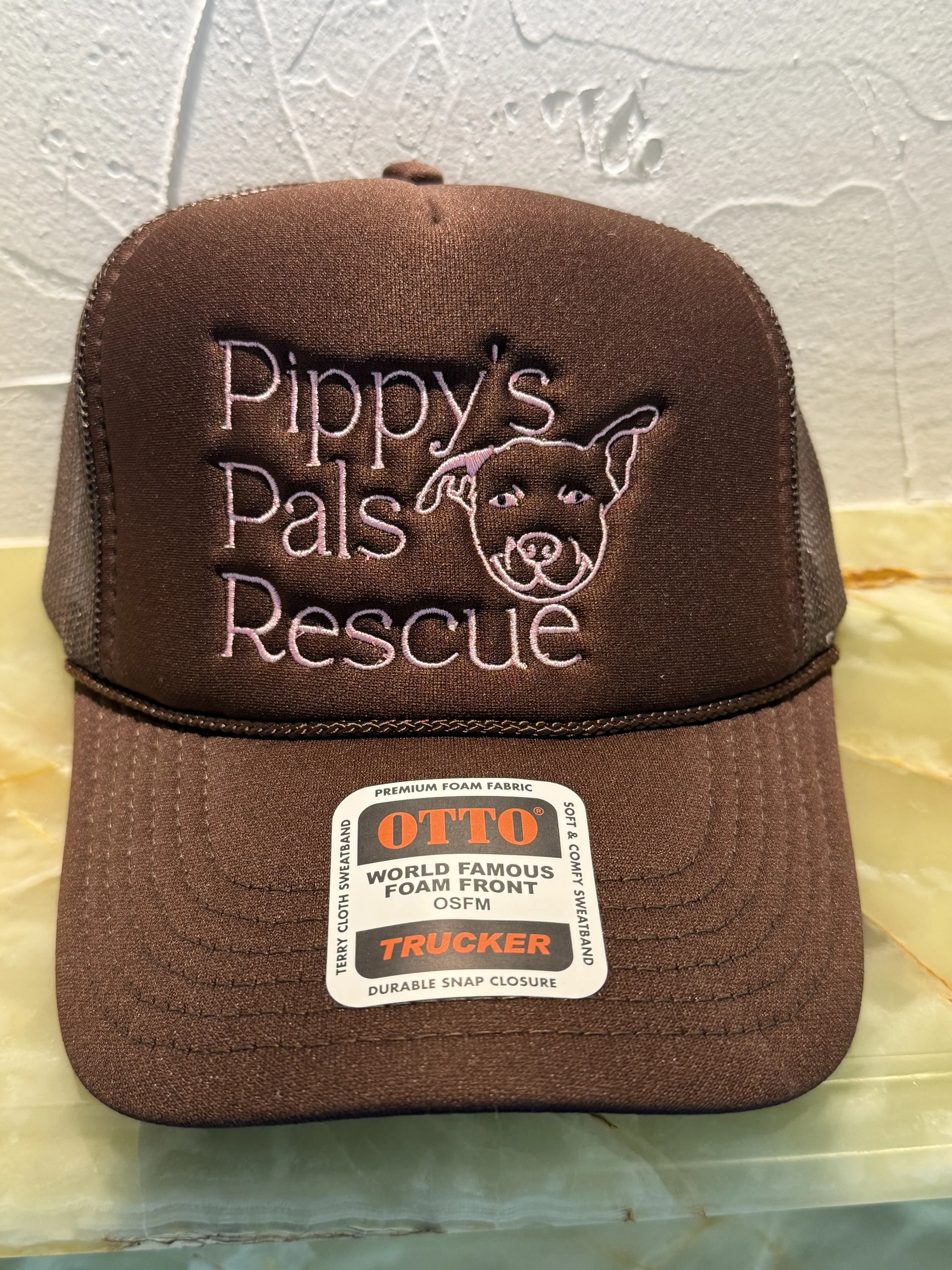 Brown Trucker Hat with Pink Embroidery