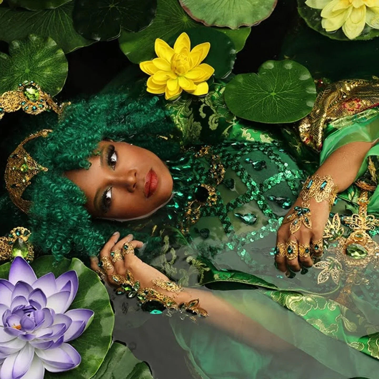A woman with curly green hair wearing a green and gold embroidered outfit, jewelry, and a crown, lying among large leaves, water lilies, and lotus flowers.