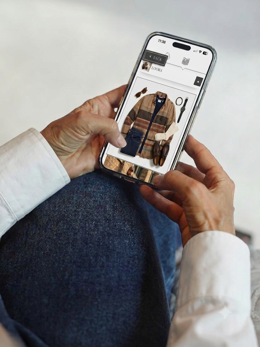 two hands holding phone with screen showing a virtual personal styling look in BEGIN ANEW app, Chicago personal styling