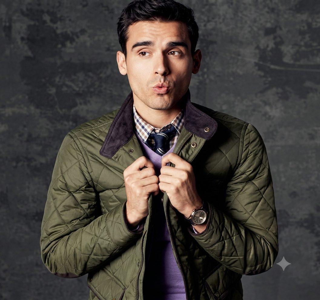 dark haired model with pursed lips posing in multi-colored dress shirt, navy neck tie, purple vneck sweater layered on top, olive green quilted jacket with dark brown corduroy collar. Model holding top of jacket in each hand