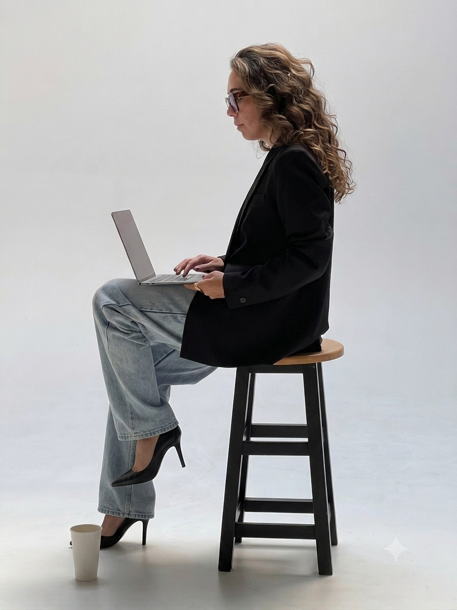 Brianna Albrecht, BEGIN ANEW personal stylist sitting on stool typing on laptop sitting on lap, wearing glasses black blazer jeans black heels, Chicago