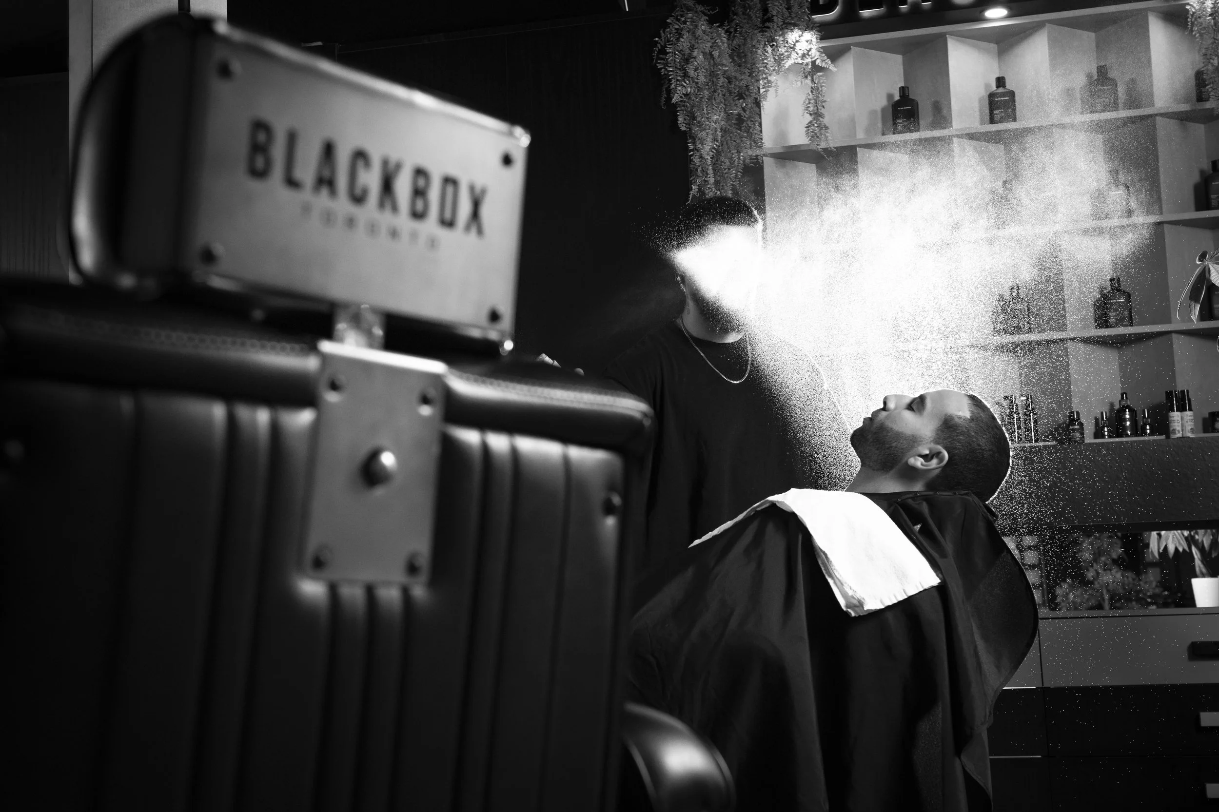 A barbershop scene in black and white, showing a customer lying back in a barber chair, getting a spray of water or shaving foam applied to his face by the barber. The background includes shelves with grooming products and decorative greenery, with a