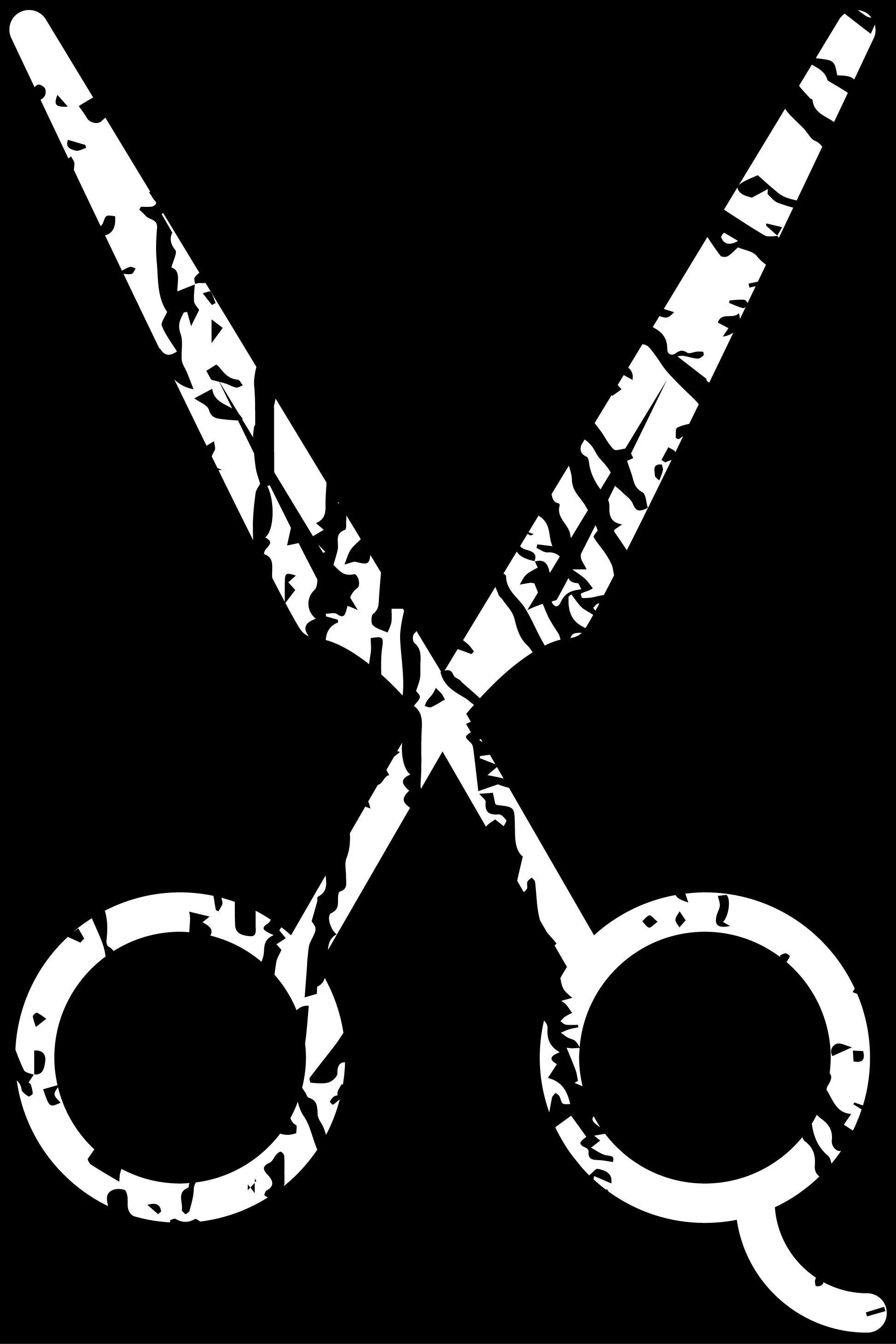 Stylized black and white graphic of a pair of scissors.