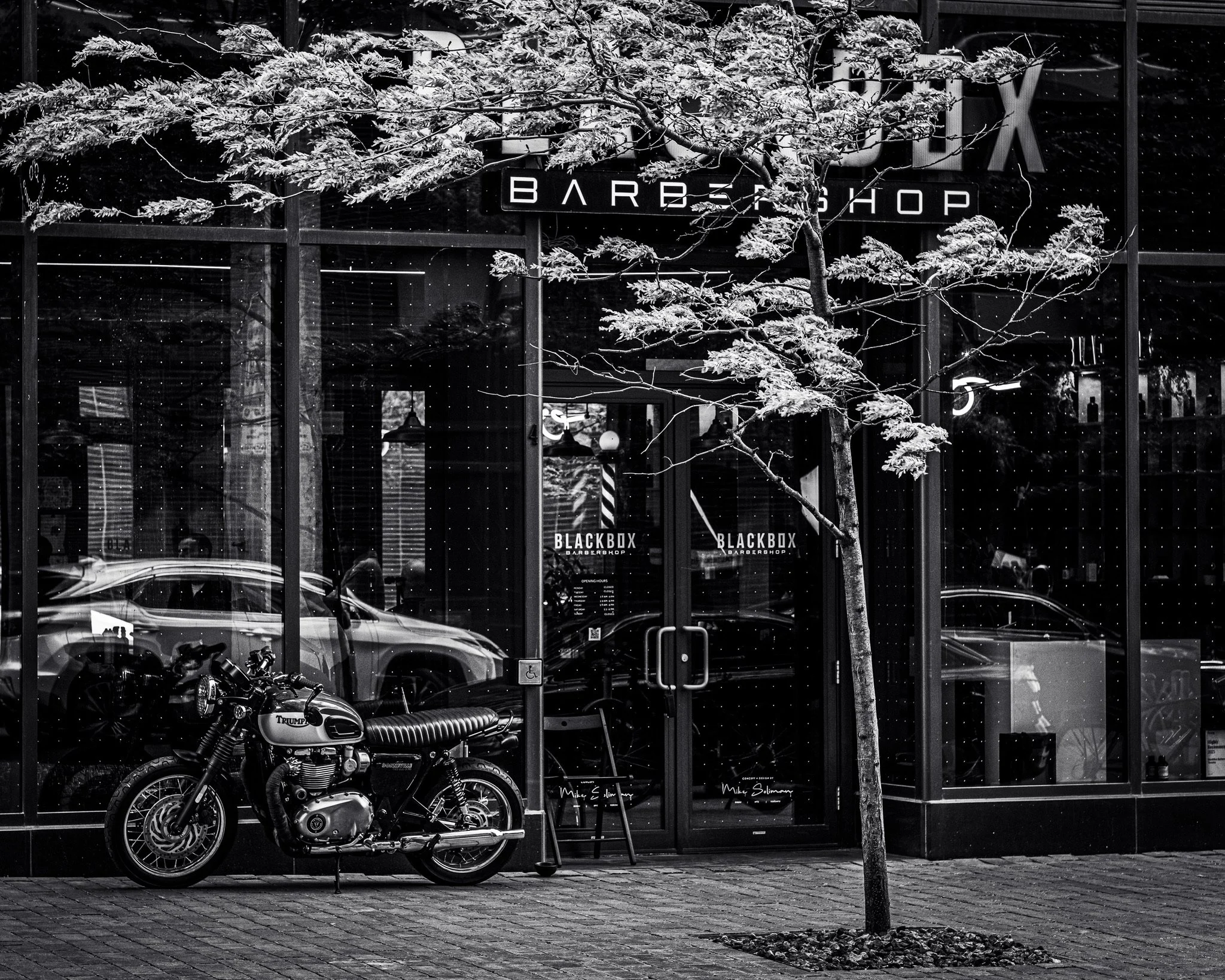 Black and white photo of a motorcycle parked in front of a modern glass storefront with a sign that reads "BLACKBOX BARBER SHOP," next to a small tree with snow on its branches.