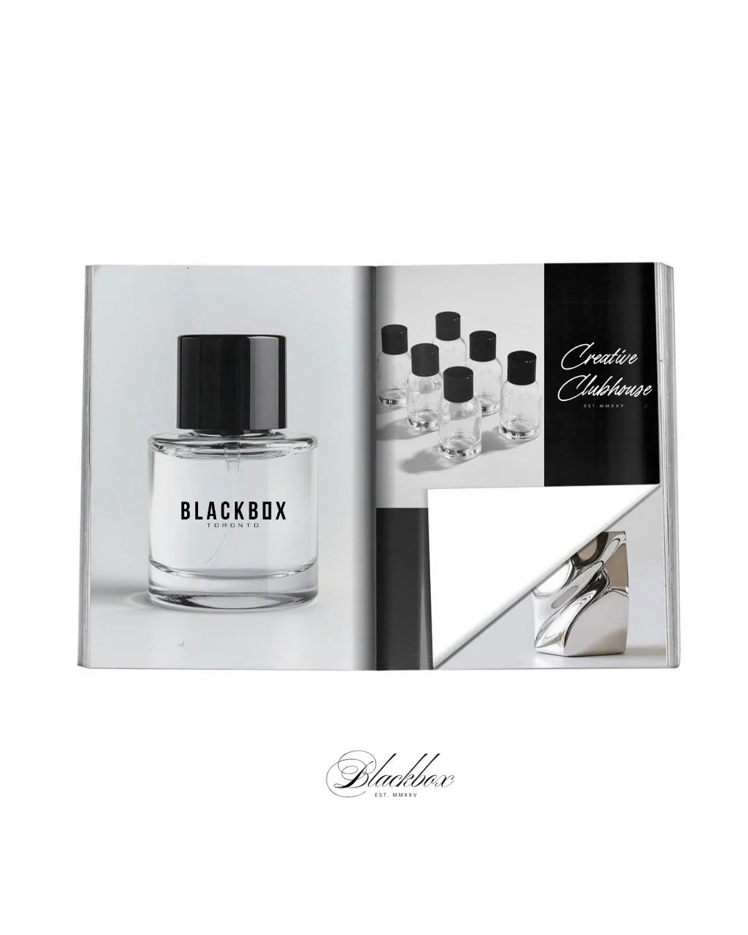 Open magazine spread showing perfume bottle with 'Blackbox Toronto' label, small perfume vials, and black and white branding elements.