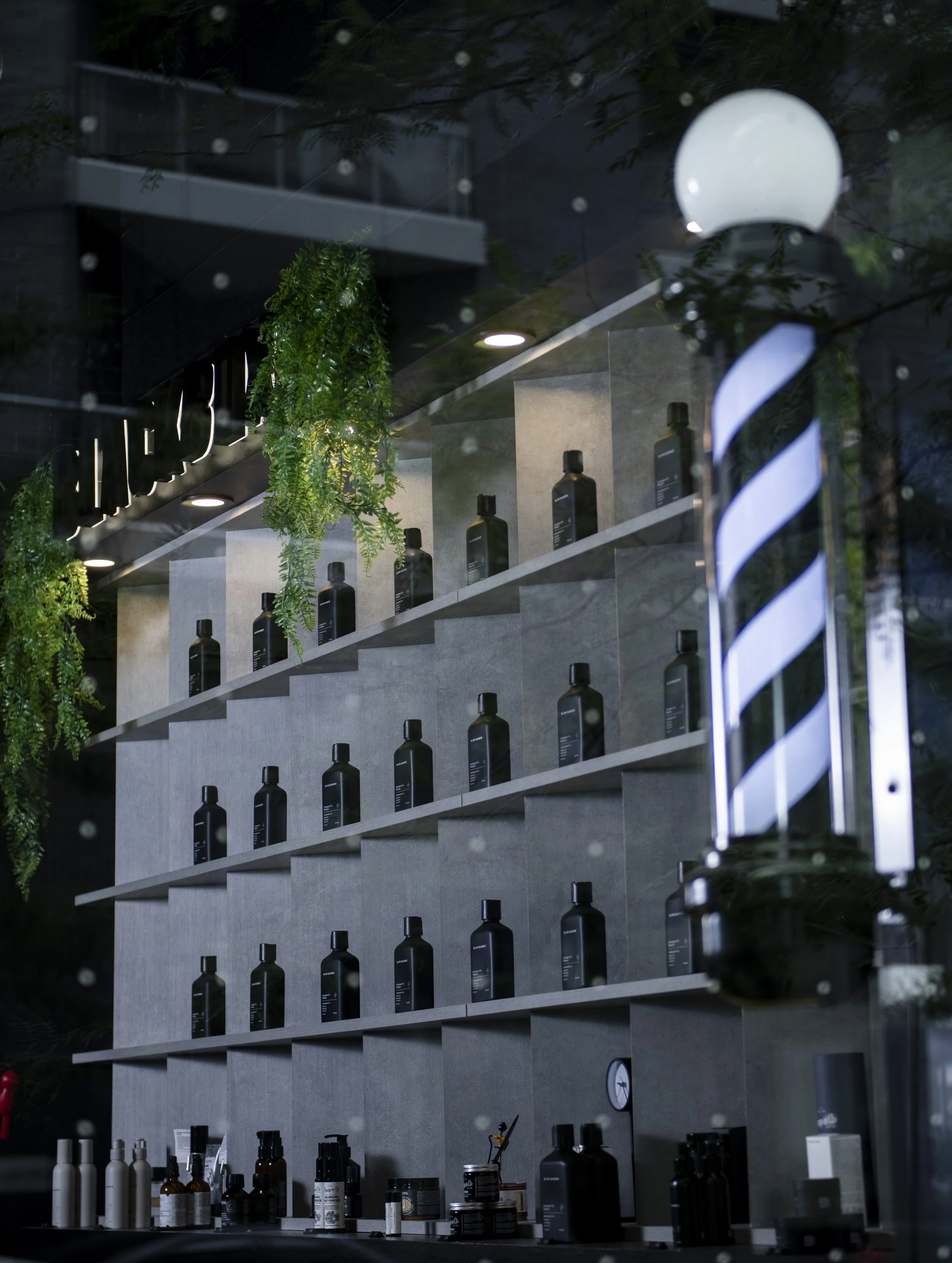 Store window display with black bottles on shelves, green hanging plants, and barbershop items in the foreground.