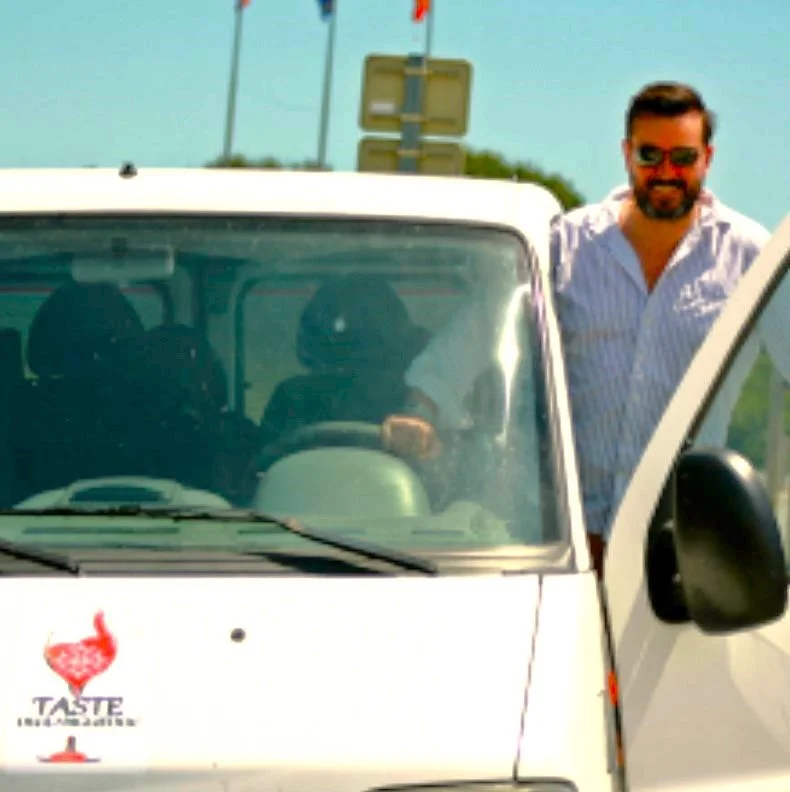 matthew and his van during a wine tour in the languedoc
