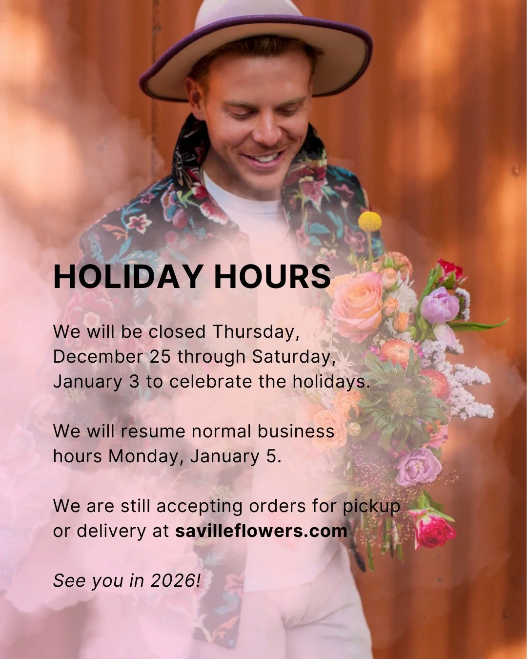 Thank you for an INCREDIBLE 2025! 🥂 We are taking a little time off to rest and recharge and will be back making beautiful bouquets on January 5.

We're still accepting orders for pickup and delivery on our website. You can find the link in our bio.