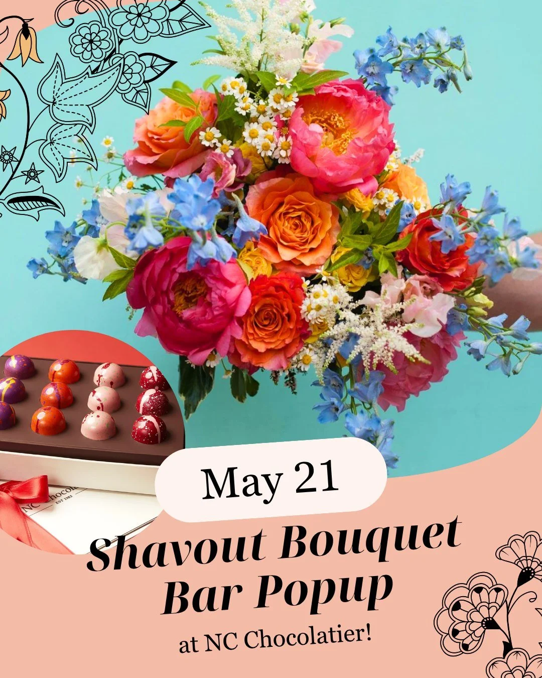 NEXT WEEK! Join us for a bouquet bar popup at @ncchocolatier in honor of the Shavout holiday. 💐 

Grab a bouquet and some tasty dairy-filled treats from 9:00am-1:00pm.

See you there!
...
#SavilleFlowers #NCChocolatier #Shavout #EvanstonFlorist #Bou