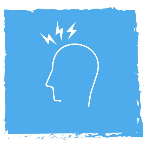 En enkel grafikk av et hodesilhuett med lynsymboler som indikerer hodepine eller smerte.