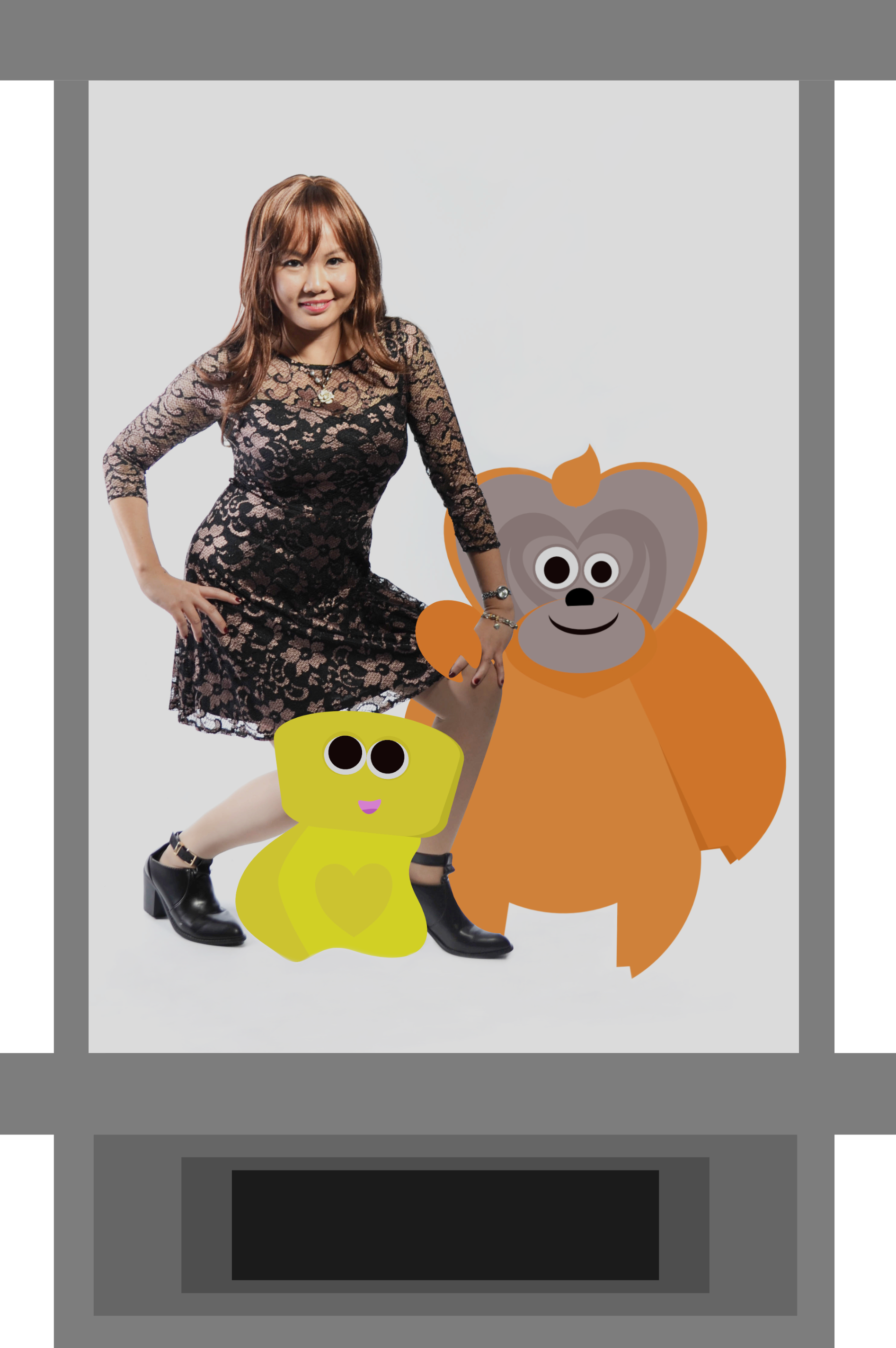 A woman in a dark brown lace dress, posing with one hand on her hip and the other reaching out, surrounded by cartoon characters of a banana bread (AKA B) and orangutan (AKA Squeaky).