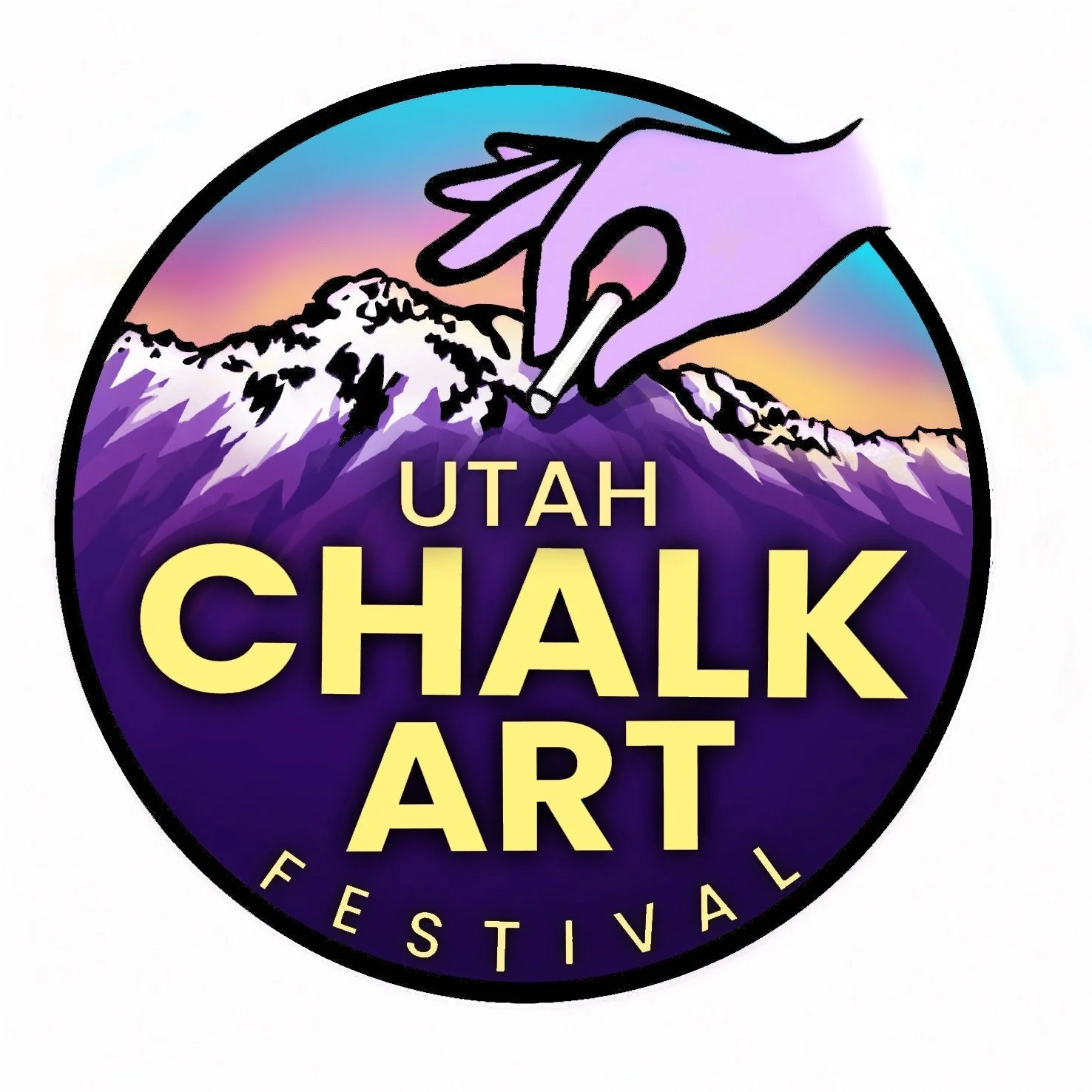 Logo for Utah Chalk Art Festival featuring a mountain landscape and a hand drawing with chalk.