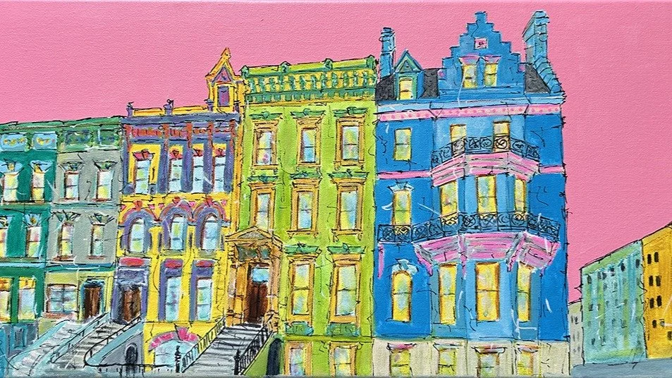 Hello Old Friends | 12&quot; &times; 24&quot;
Acrylic paint, ink, marker, and pastels on canvas
This row of houses was once a gathering place - stoops filled with friends sharing pizza and conversation long into summer nights. Many of those friends h