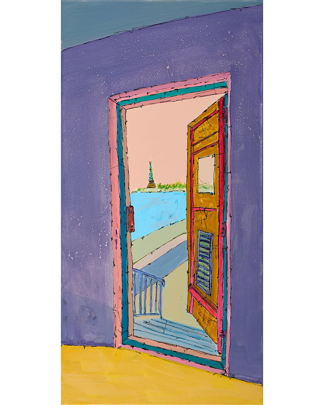 Threshold - 24"x12 - Acrylic Paint, Gesso, Marker, Ink
From the weathered corridors of Ellis Island's hospital complex - technically Jersey City territory - this doorway frames both promise and uncertainty. We are at a threshold. 
From my recen