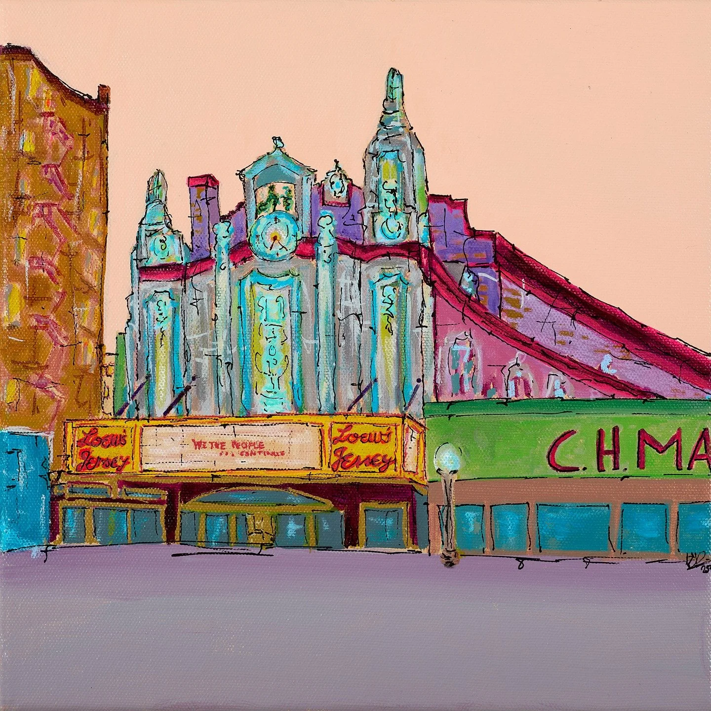 A Palace For The People | 12&ldquo;x12 - Acrylic Paint, Ink and Marker on Canvas | 
 Built in 1929 as one of five Loew's &quot;Wonder Theatres,&quot; this Jersey City landmark brought elaborate, palace-like architecture to working-class communities -
