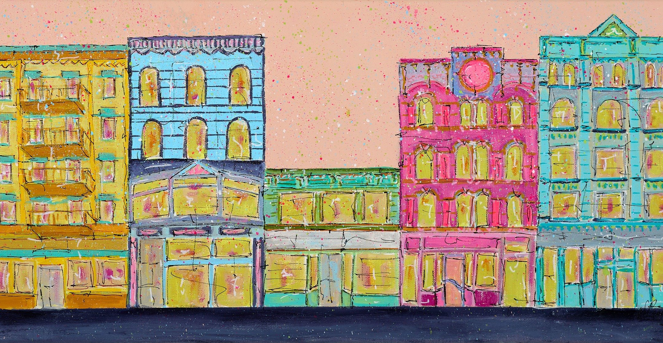 Confection | 12&ldquo;x24 - Acrylic Paint and Marker on Canvas | Newark Avenue's 1870s buildings have sweetened over time. The old Hemingway's Building clock once stuck at 1:01 for years, has given way to a round window, but time never really stopped