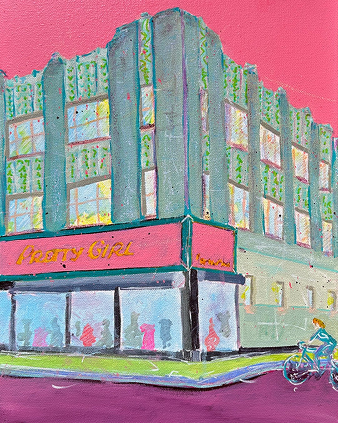 Pretty Girl | 24&ldquo;x12 - Acrylic Paint, Ink and Pastels on Canvas | An Art Deco corner with glazed terra cotta facade that once housed a Chinese restaurant and bowling alley. Passed countless times rushing to the PATH station, this building's bea