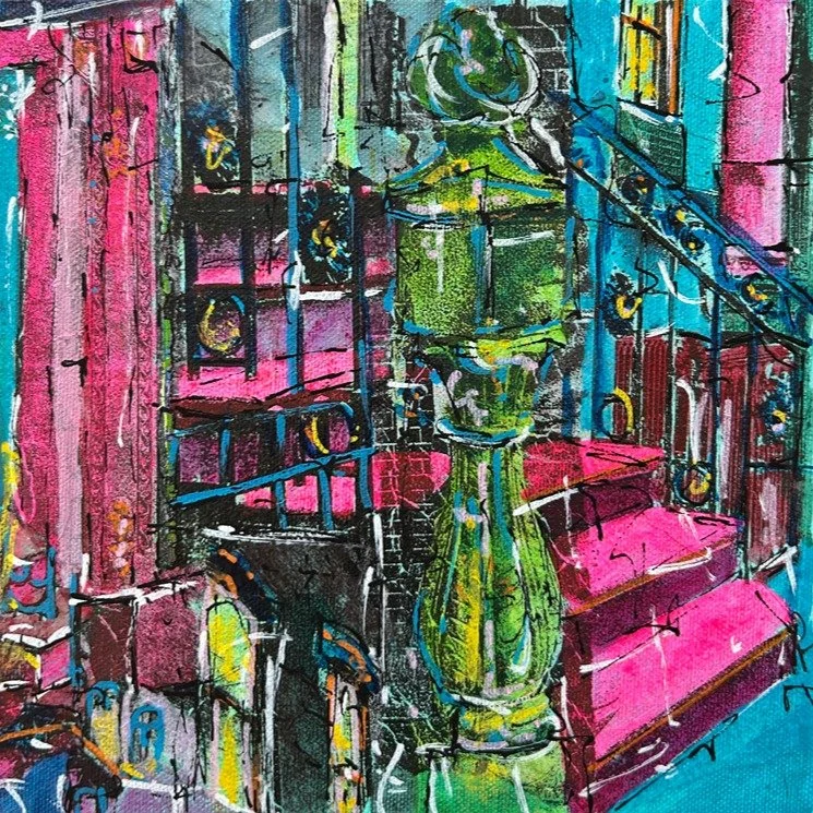 The way we see our neighborhood isn't straightforward -t's fragments, impressions, layers of memory and observation. That's what this new Defragmented series explores on a more intimate 8x8 scale. Gel monoprint with acrylic, ink and marker on panel. 