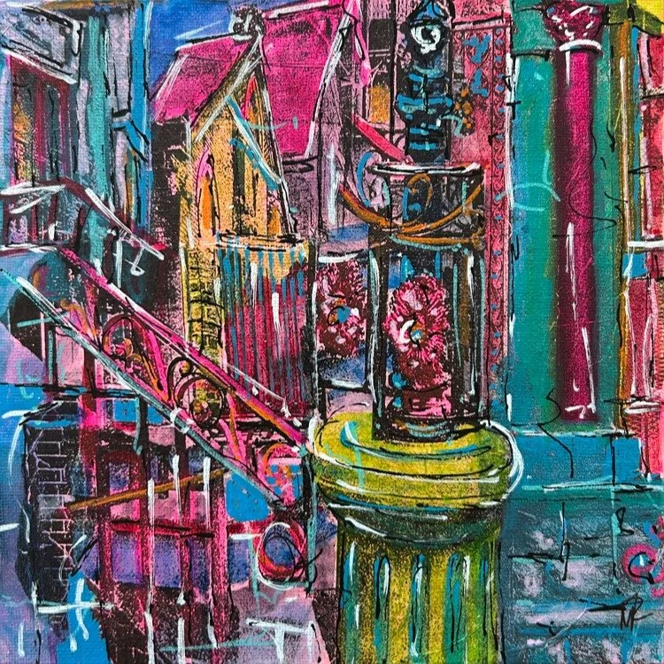 The city lives in our memory as much as in front of our eyes. Fragments that shift and overlap, never quite settling into one clear view. This piece leans into that disorientation, where street scapes, columns, and other architectural elements become