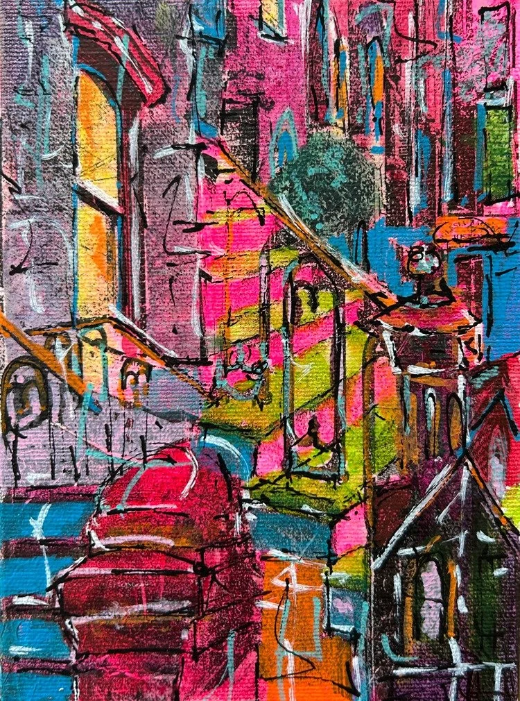 Right now I'm pushing in both directions - some paintings are getting bigger and bolder, while this series goes smaller and more intimate than my usual work. Working at a 5x7 scale means getting closer to the details - the worn railings, the patched 