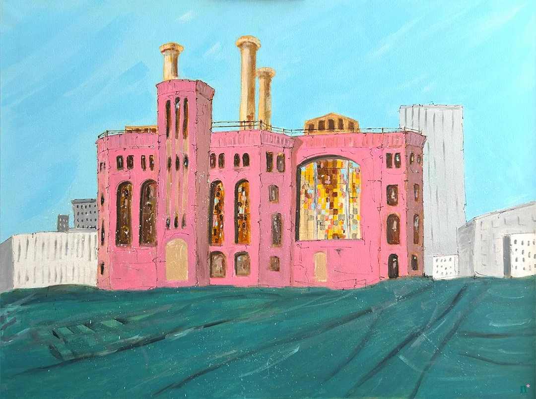 Four smokestacks, then three, now none.
UN-Finished (Past, Present, Future), 30x40", now at @novadogallery
If architecture is read like language, smokestacks are punctuation marks that announce "this is an industrial building." Now the