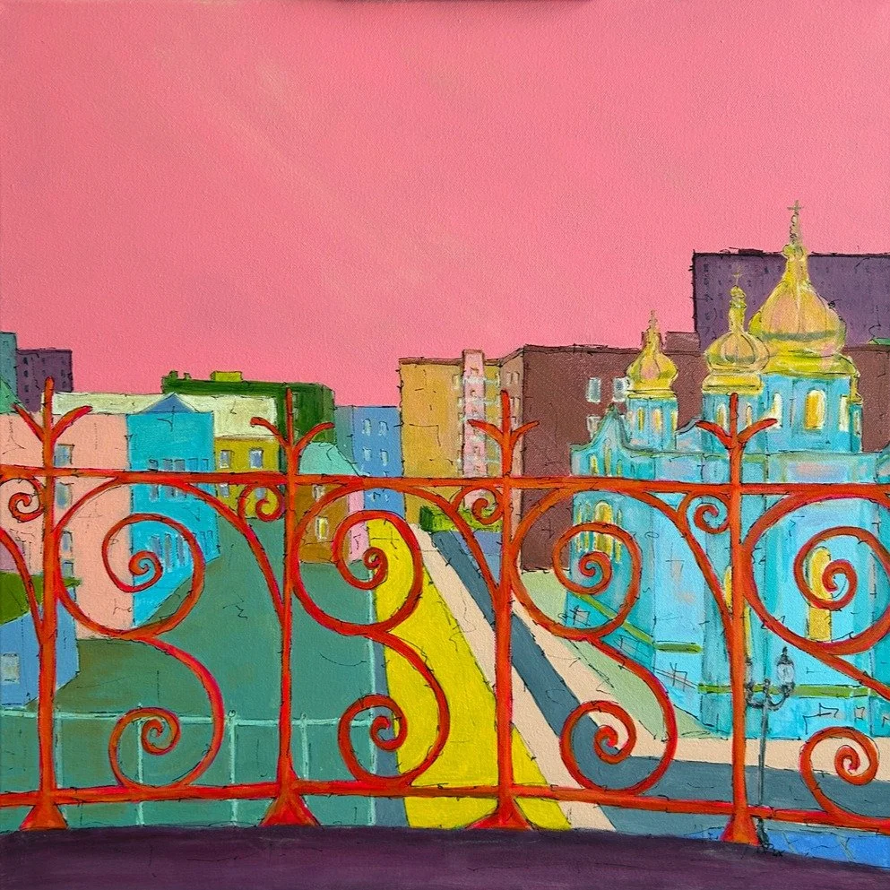 I've been thinking about thresholds lately. The places where you're neither fully in nor fully out. A balcony. A window. A country that sometimes feels like both.
This is the first painting in my new series - Inside-Out. "Stepping Out," bal