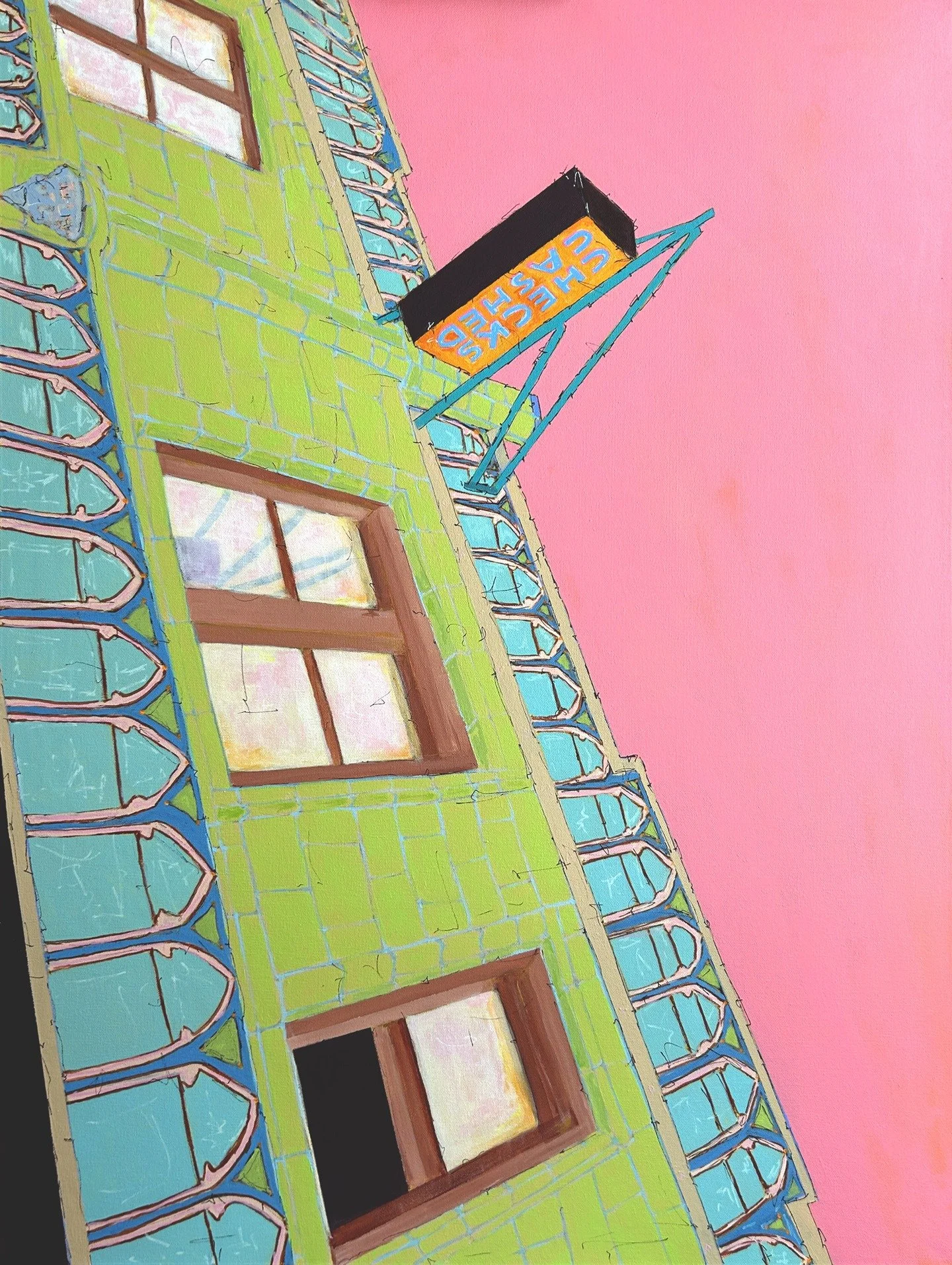 Still Moving, 40 x 30 inches, acrylic and ink on canvas, 2026
A car window frames the city but never holds it. This painting works in four orientations, each one a different approach to the same corner, the same architecture, the same unreachable mom