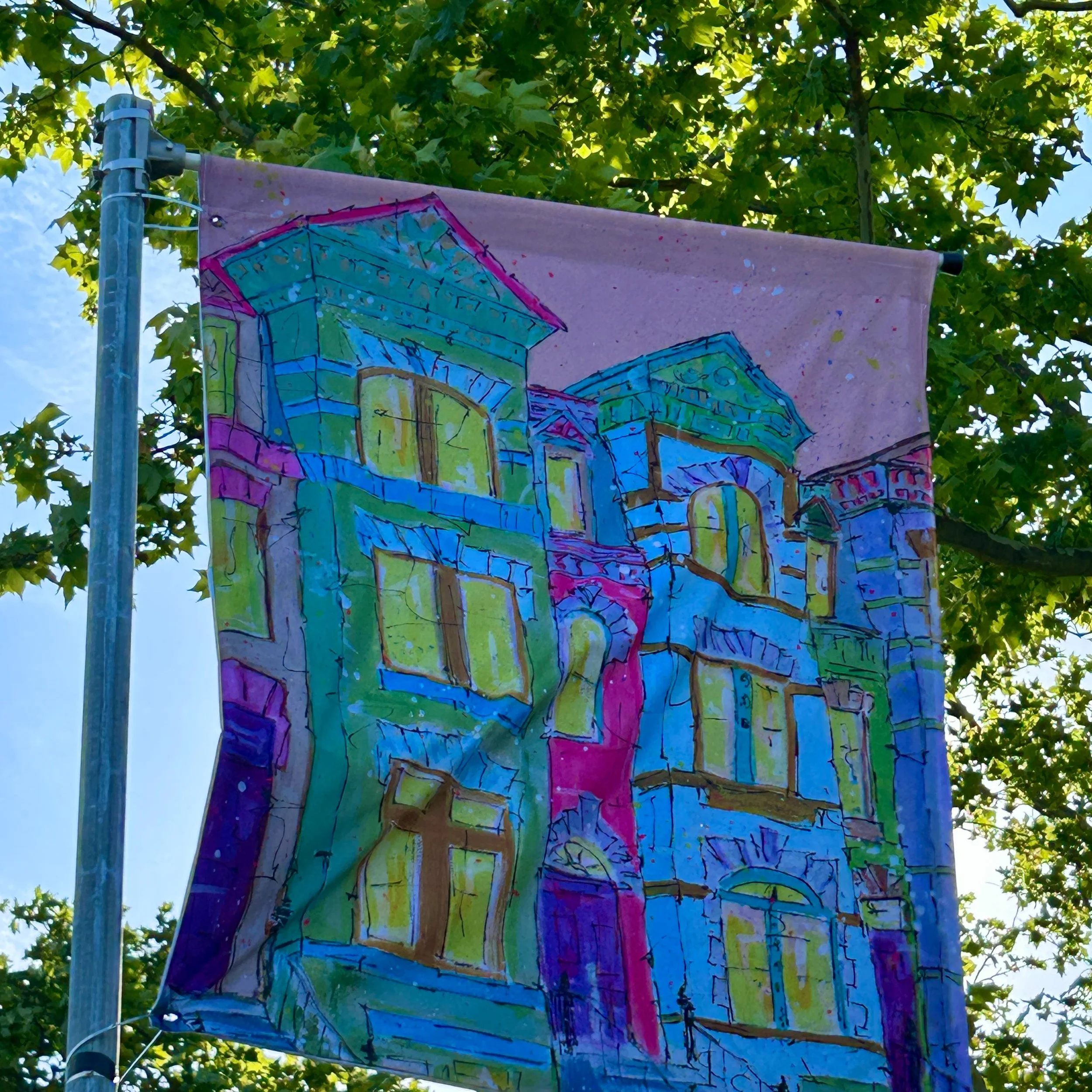 My work has been flying at Lincoln Park and I'm still thinking about what it means to put a painting on a flag.
A flag is a loaded symbol. I say that as a German. I grew up in a generation that had to reckon with what our flag meant historically, as 
